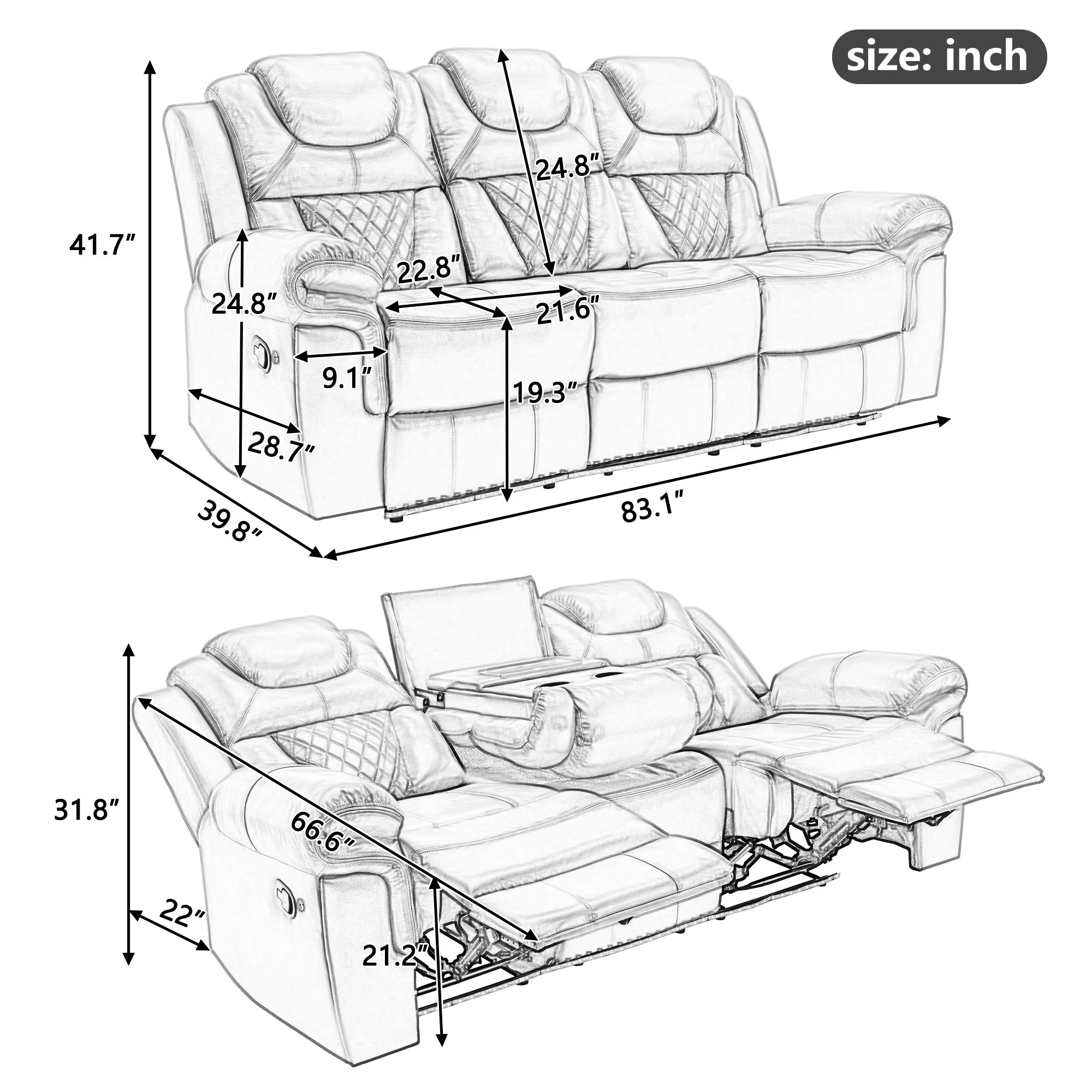 Home Theater Seating Manual Recliner Chair With Center Console And Led Light Strip For Living Room - Image 12