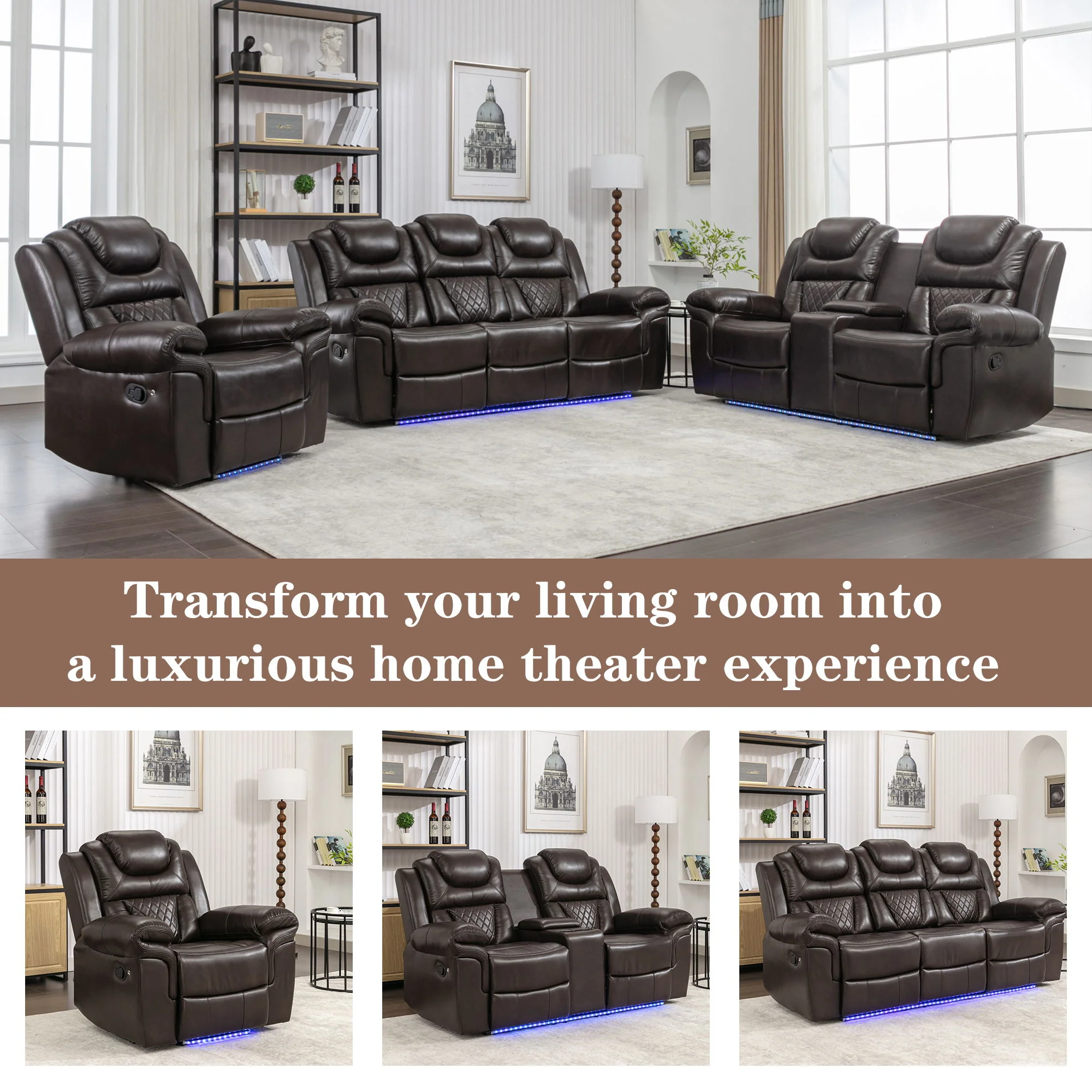 Home Theater Seating Manual Recliner Chair With Center Console And Led Light Strip For Living Room - Image 13