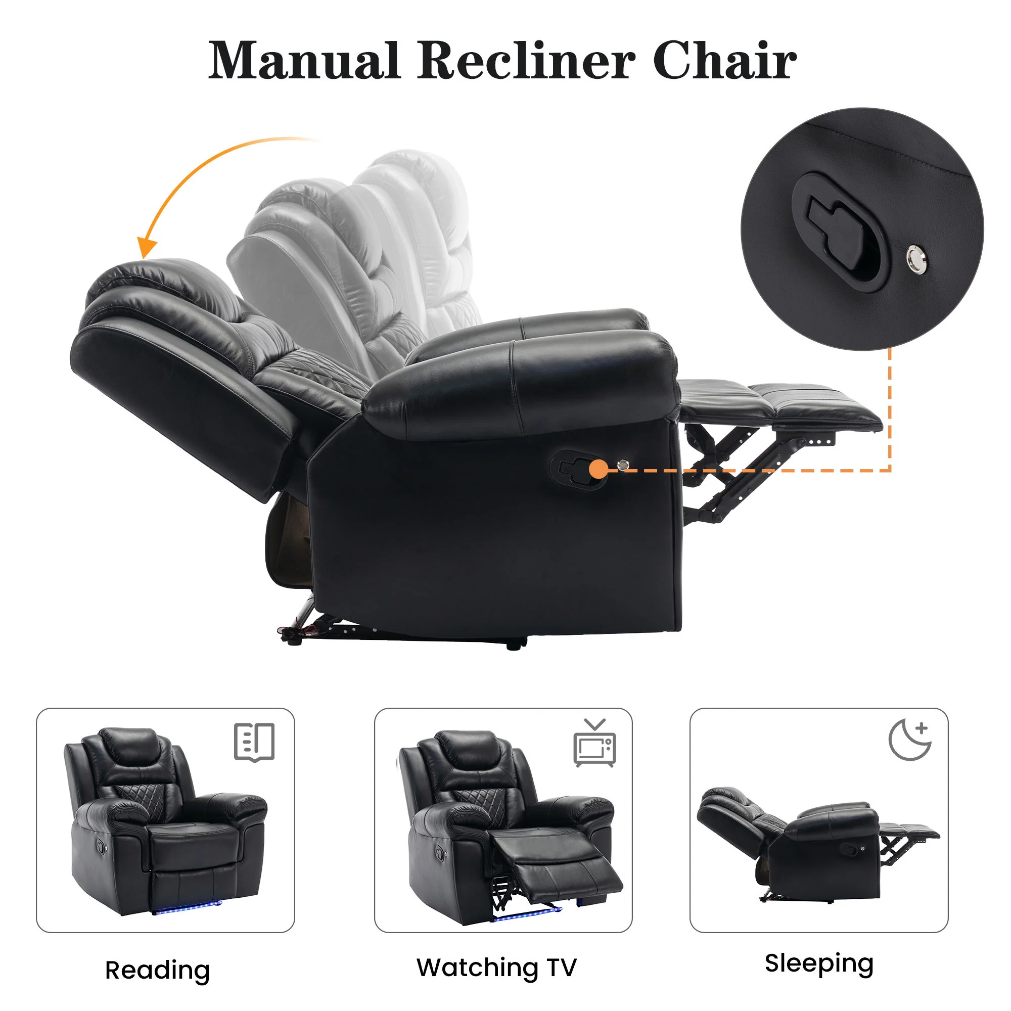 Home Theater Seating Manual Recliner Chair With Center Console And Led Light Strip For Living Room - Image 14