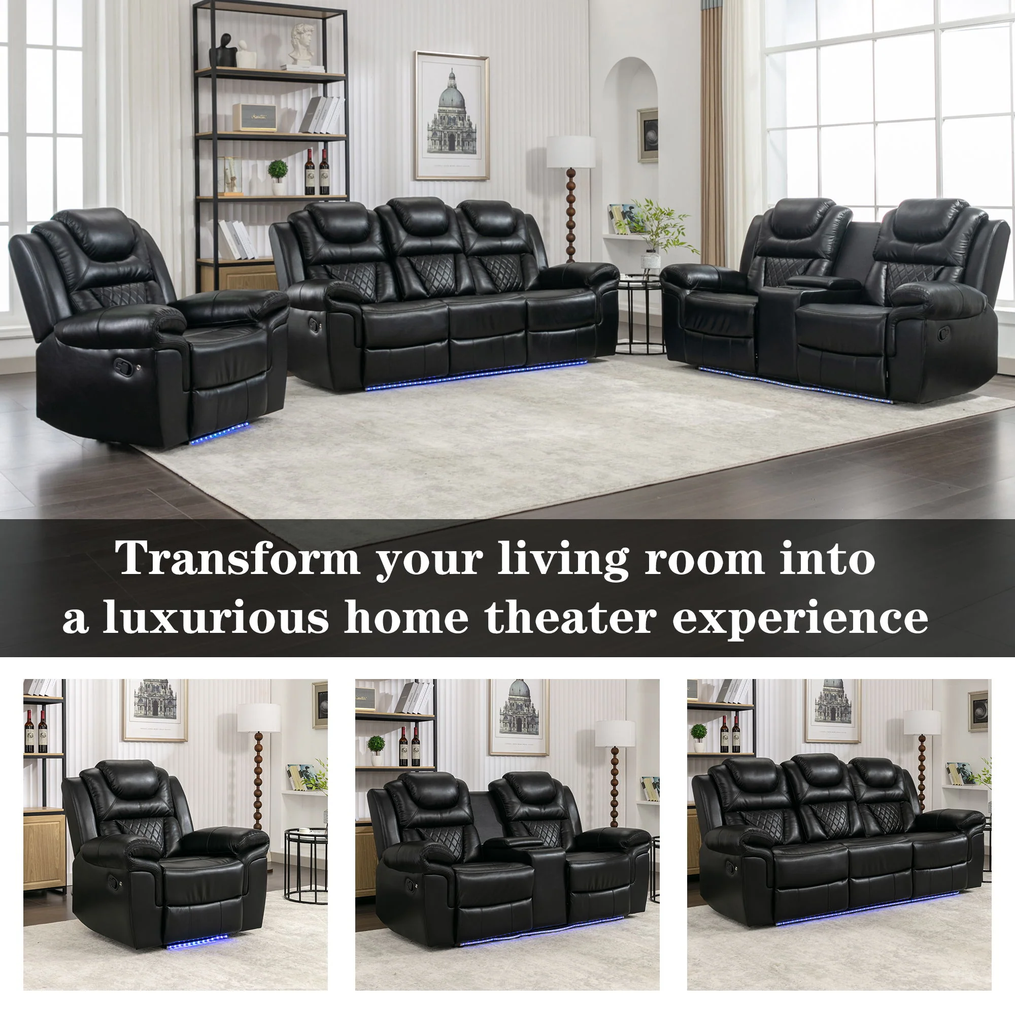 Home Theater Seating Manual Recliner Chair With Center Console And Led Light Strip For Living Room - Image 18