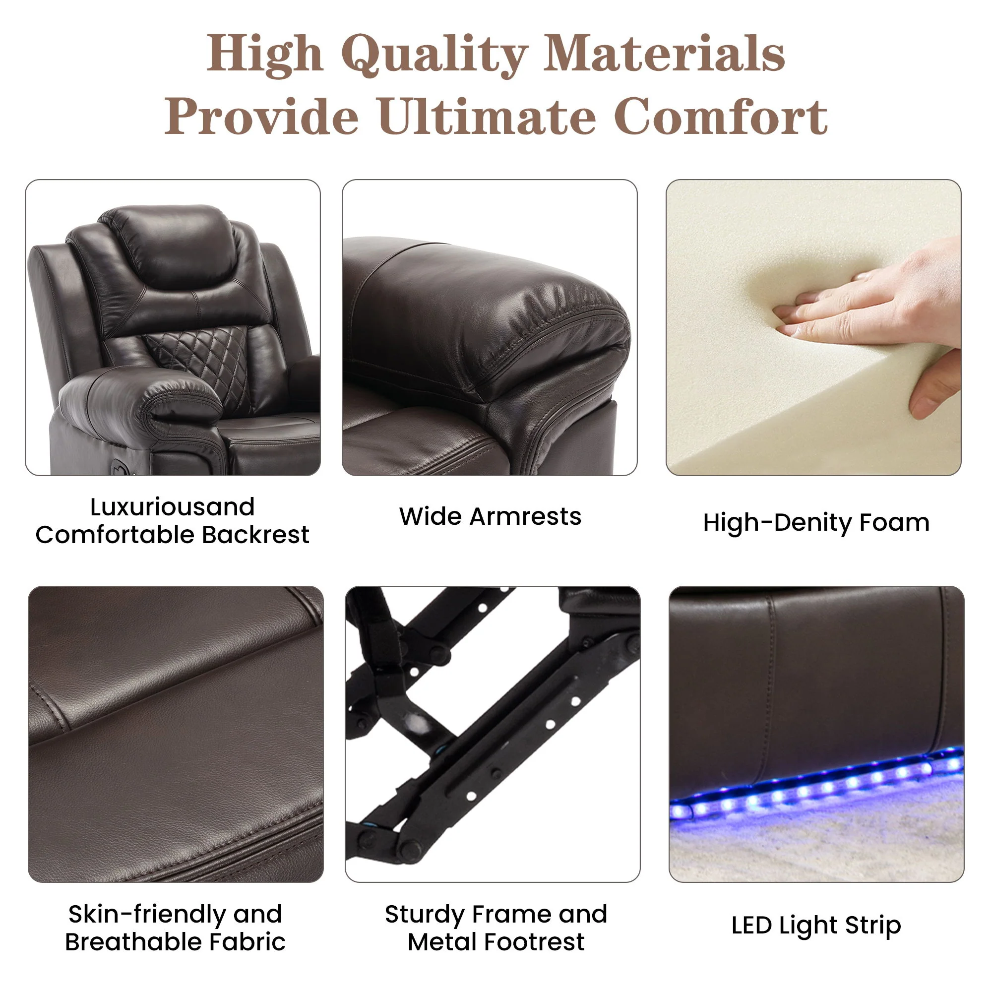 Home Theater Seating Manual Recliner Chair With Center Console And Led Light Strip For Living Room - Image 23