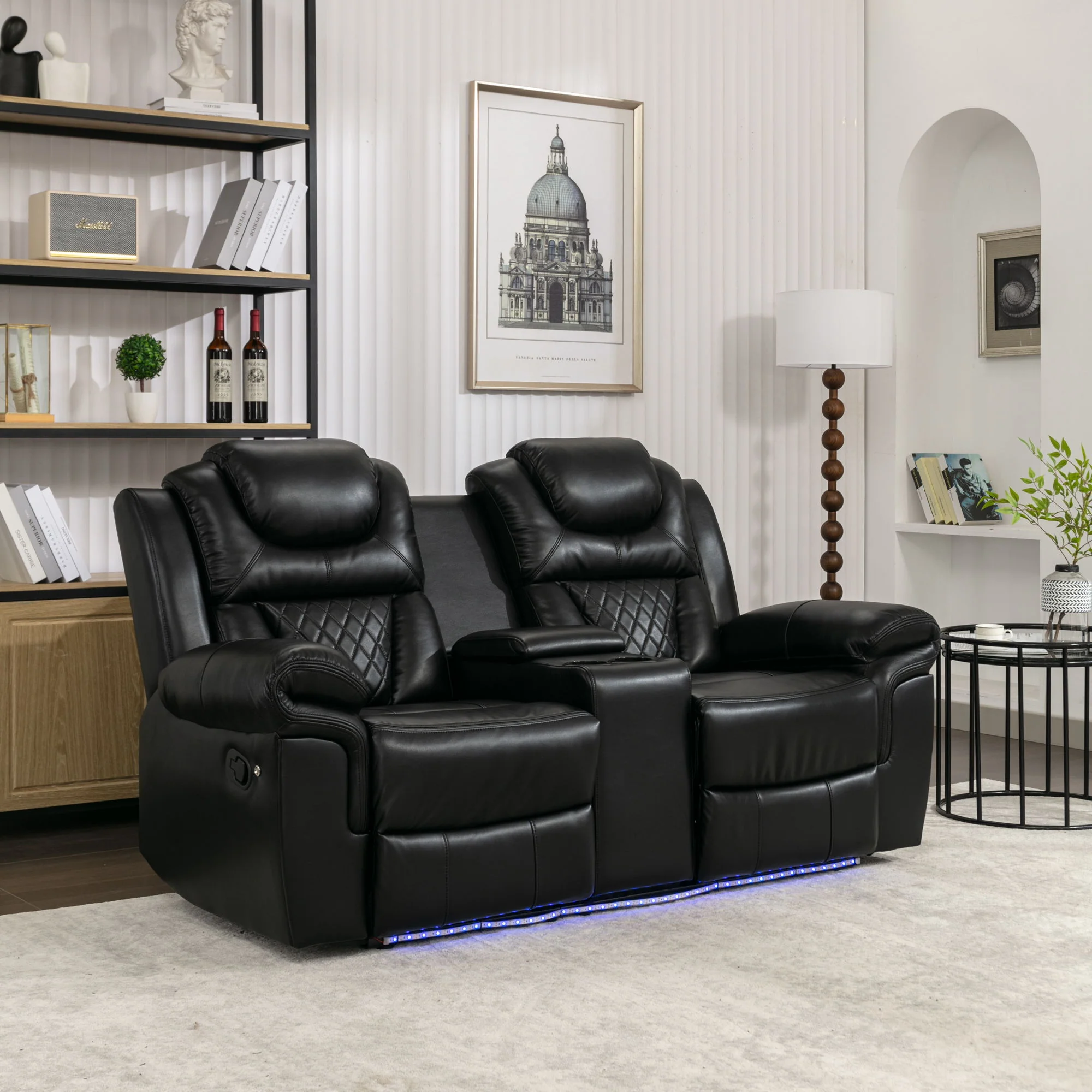 Home Theater Seating Manual Recliner Loveseat With Hide-Away Storage, Cup Holders And Led Light Strip For Living Room - Image 12