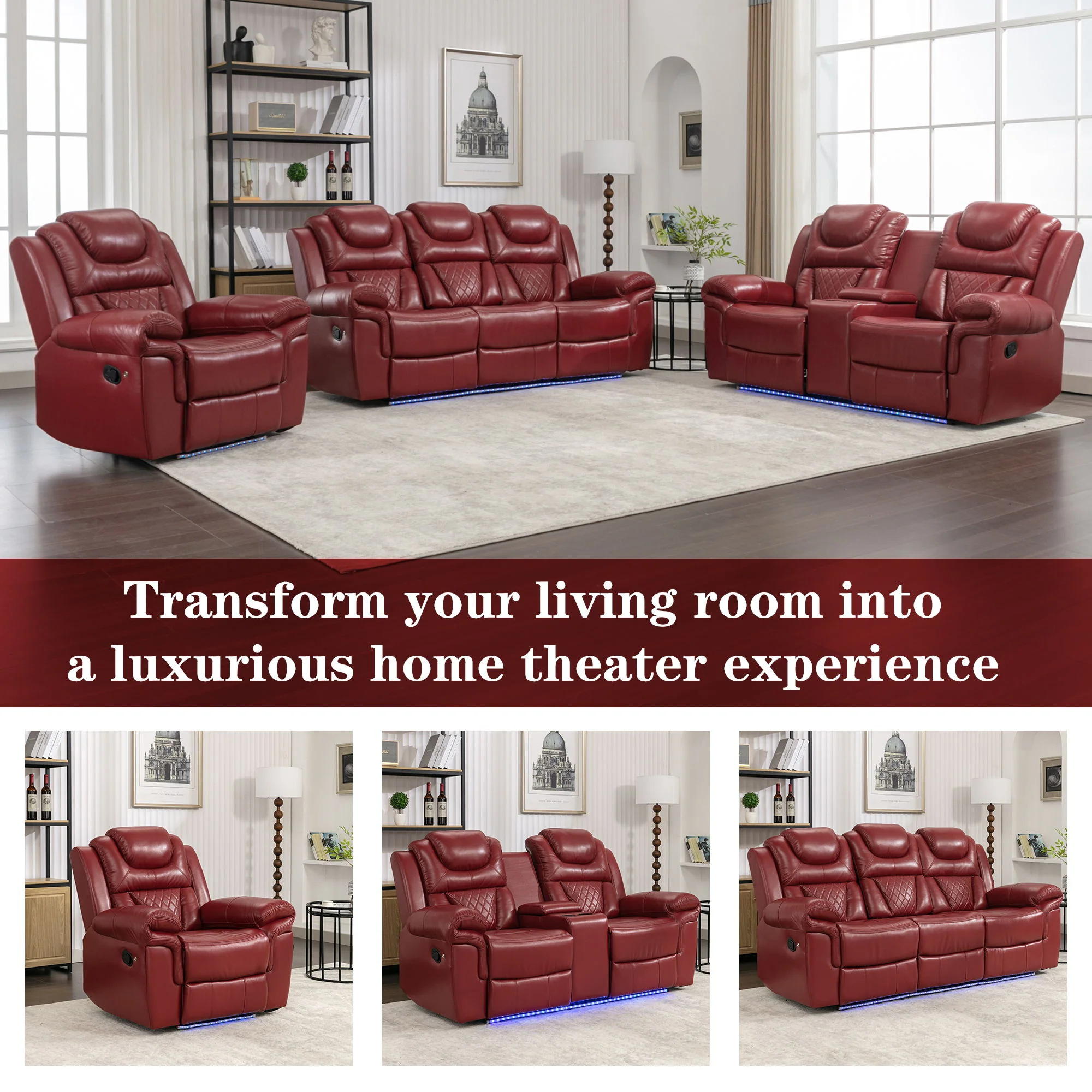 Home Theater Seating Manual Recliner Loveseat With Hide-Away Storage, Cup Holders And Led Light Strip For Living Room - Image 19