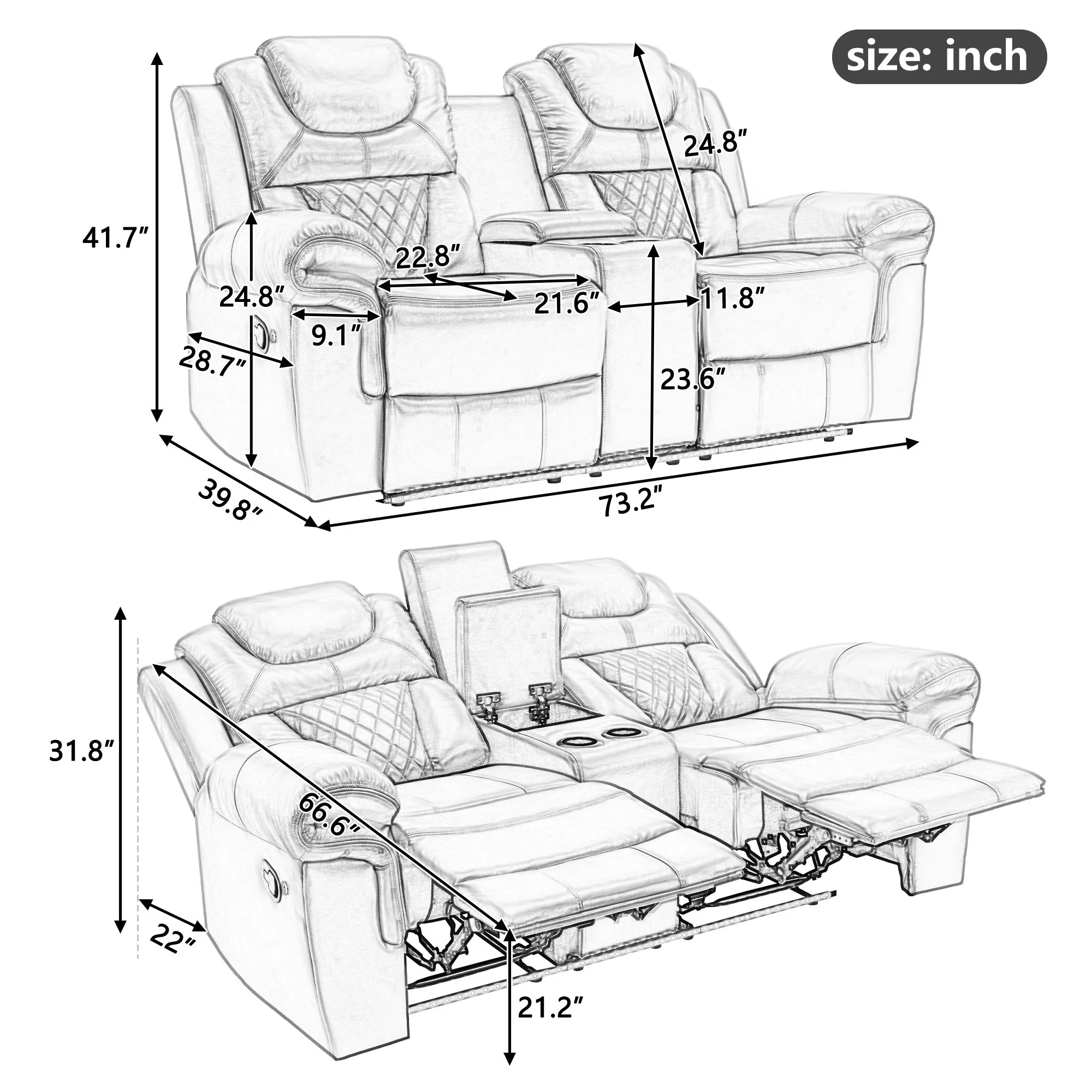 Home Theater Seating Manual Recliner Loveseat With Hide-Away Storage, Cup Holders And Led Light Strip For Living Room - Image 4