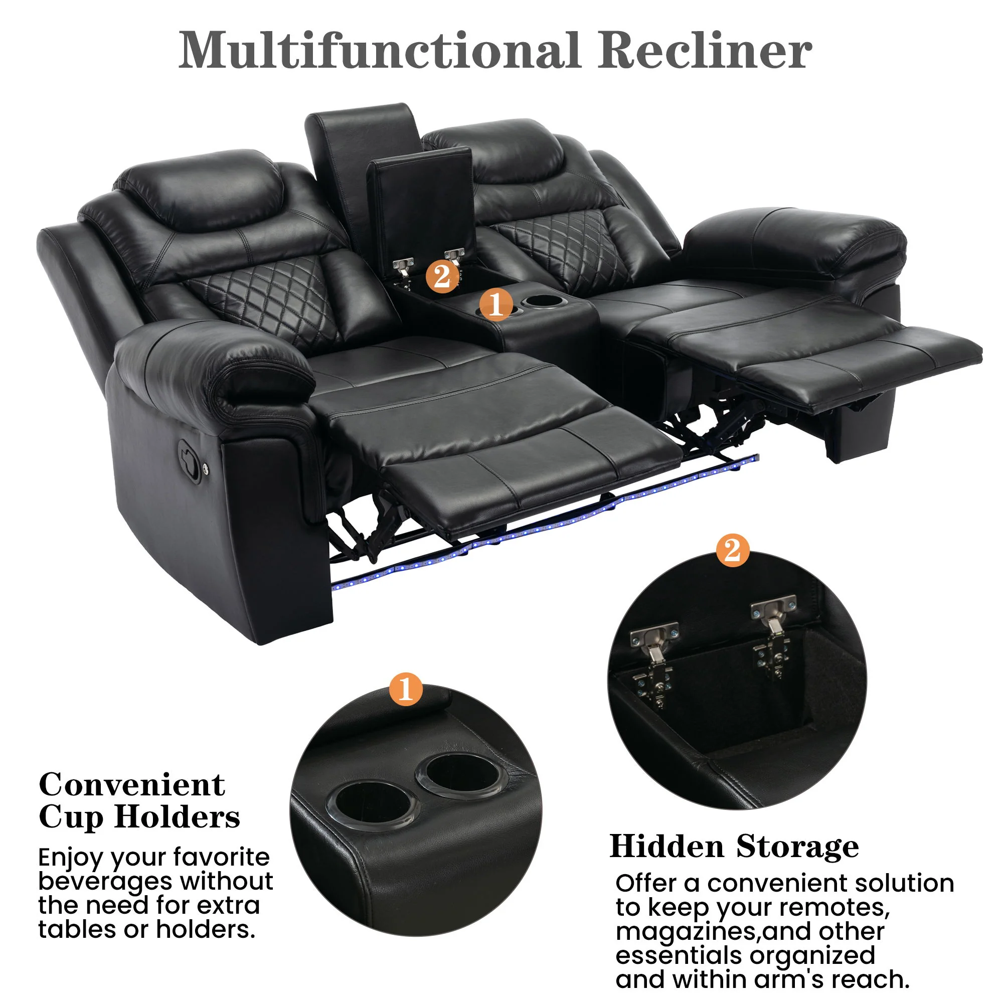 Home Theater Seating Manual Recliner Loveseat With Hide-Away Storage, Cup Holders And Led Light Strip For Living Room - Image 7