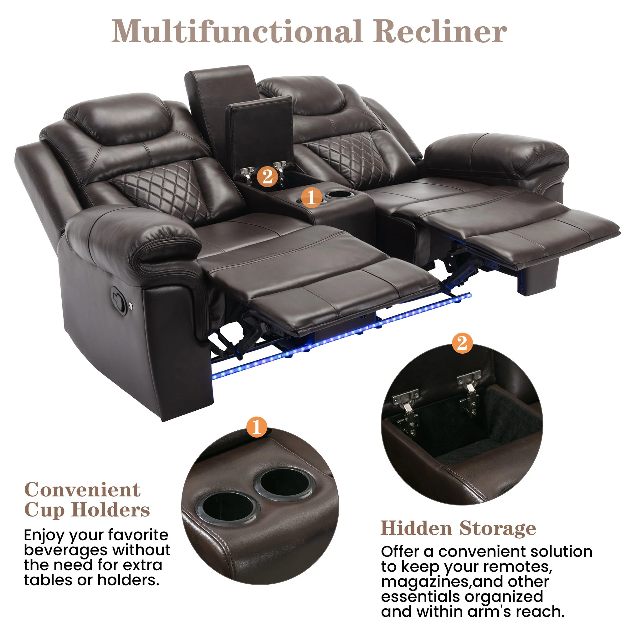 Home Theater Seating Manual Recliner Loveseat With Hide-Away Storage, Cup Holders And Led Light Strip For Living Room - Image 8