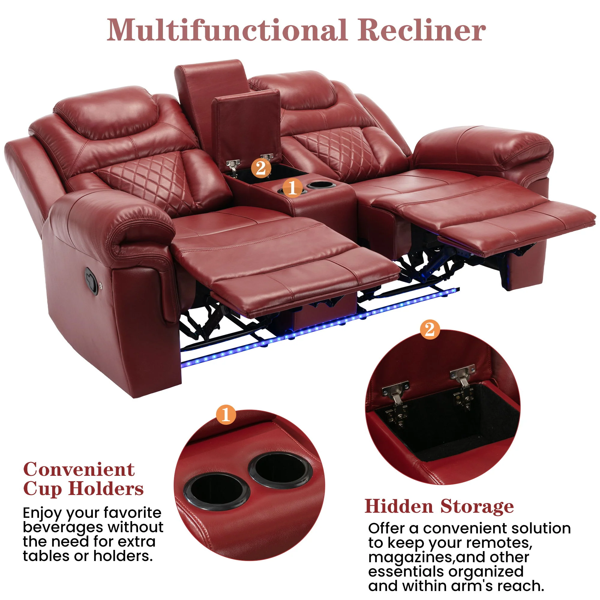 Home Theater Seating Manual Recliner Loveseat With Hide-Away Storage, Cup Holders And Led Light Strip For Living Room - Image 9