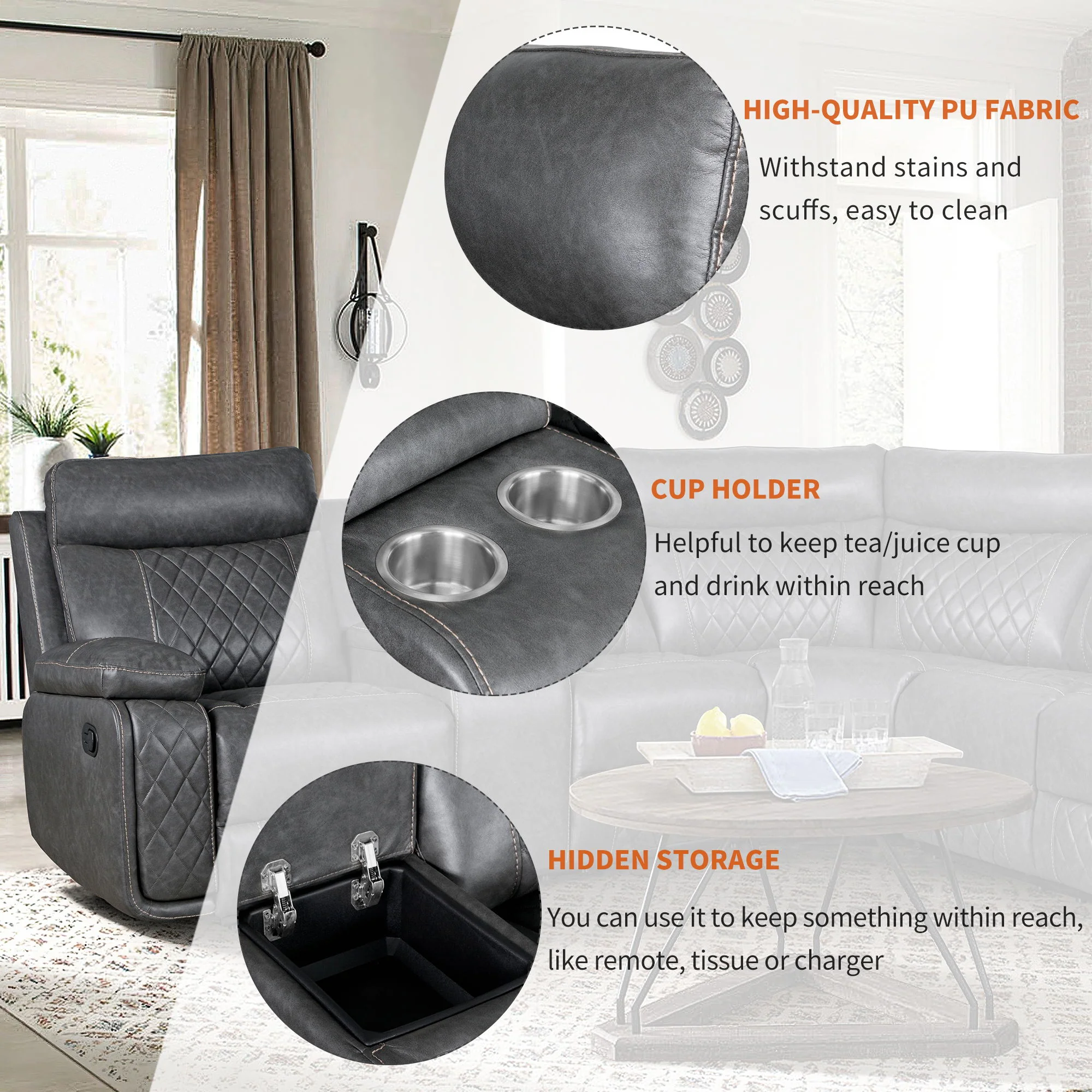 Home Theater Seating Manual Recliner With Cup Holder, Hide - Away Storage Reclining Sofa For Living Room, Home Theater - Image 8