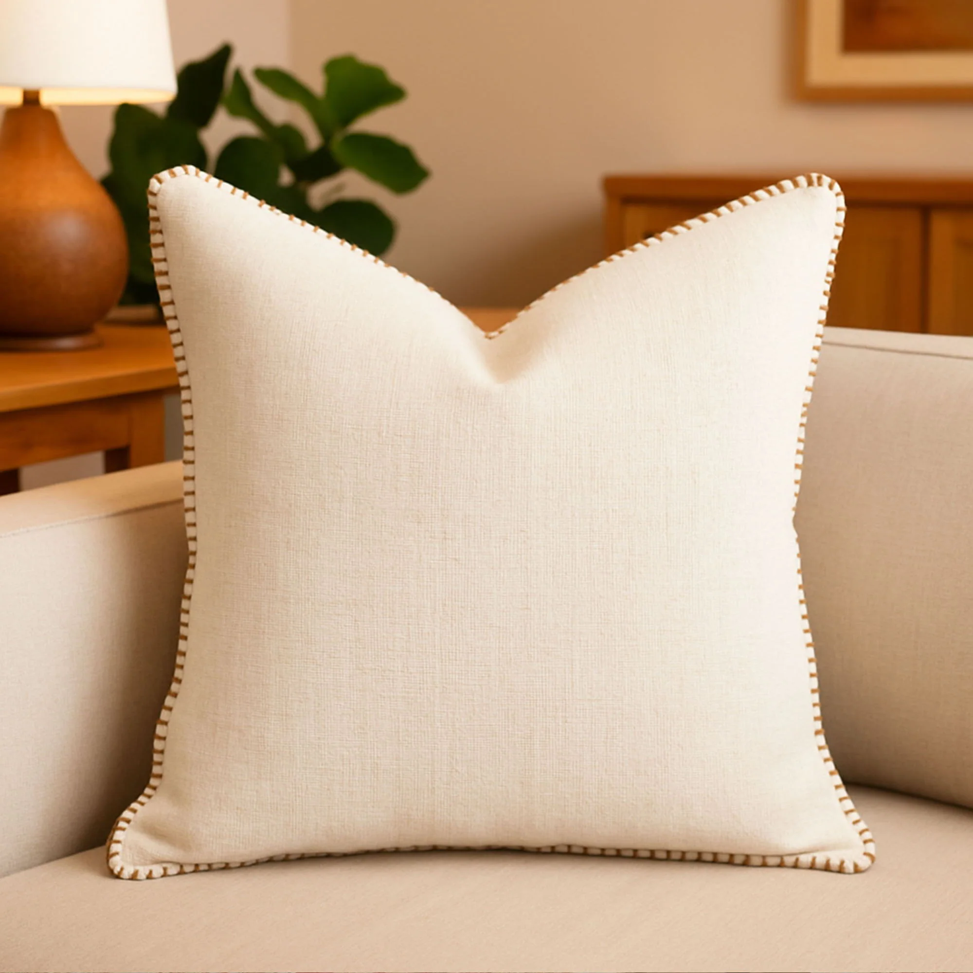 Homey Cozy - Throw Pillow With Decorative Stitching - Ivory - Image 4