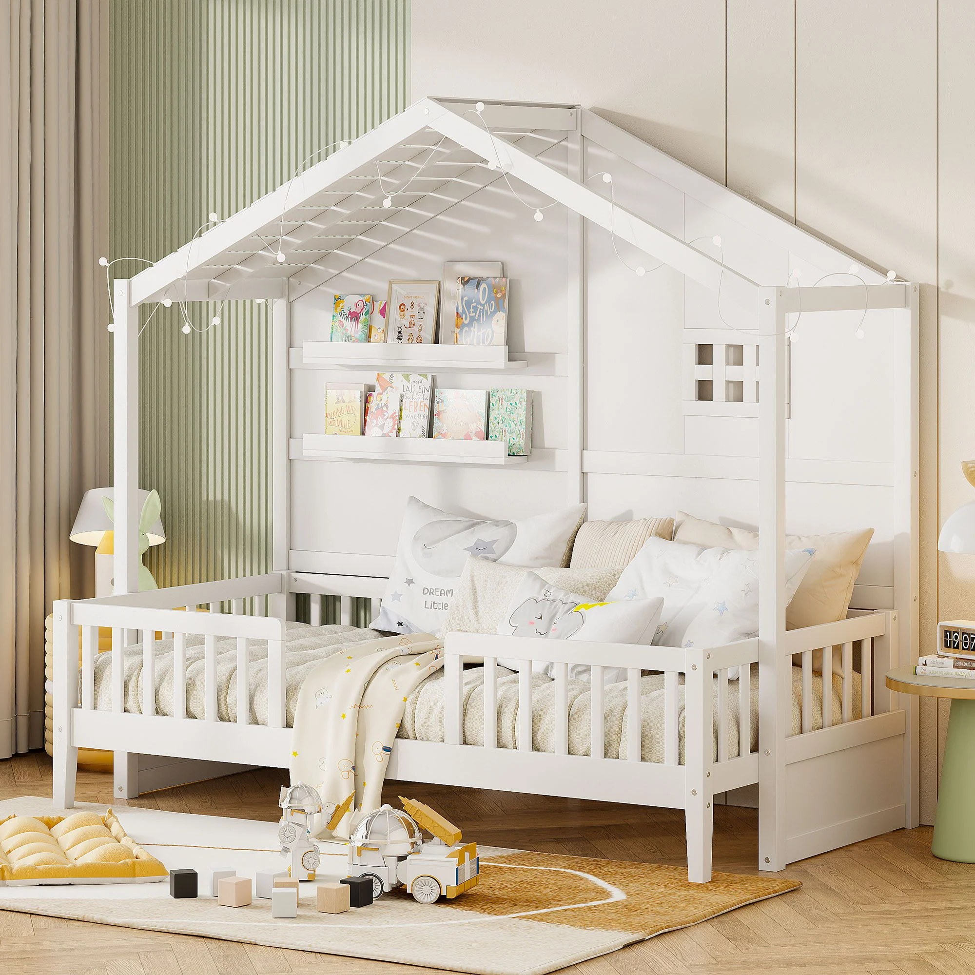 House Bed With Shelves, Window And Sparkling Light Strip On The Roof - Image 2