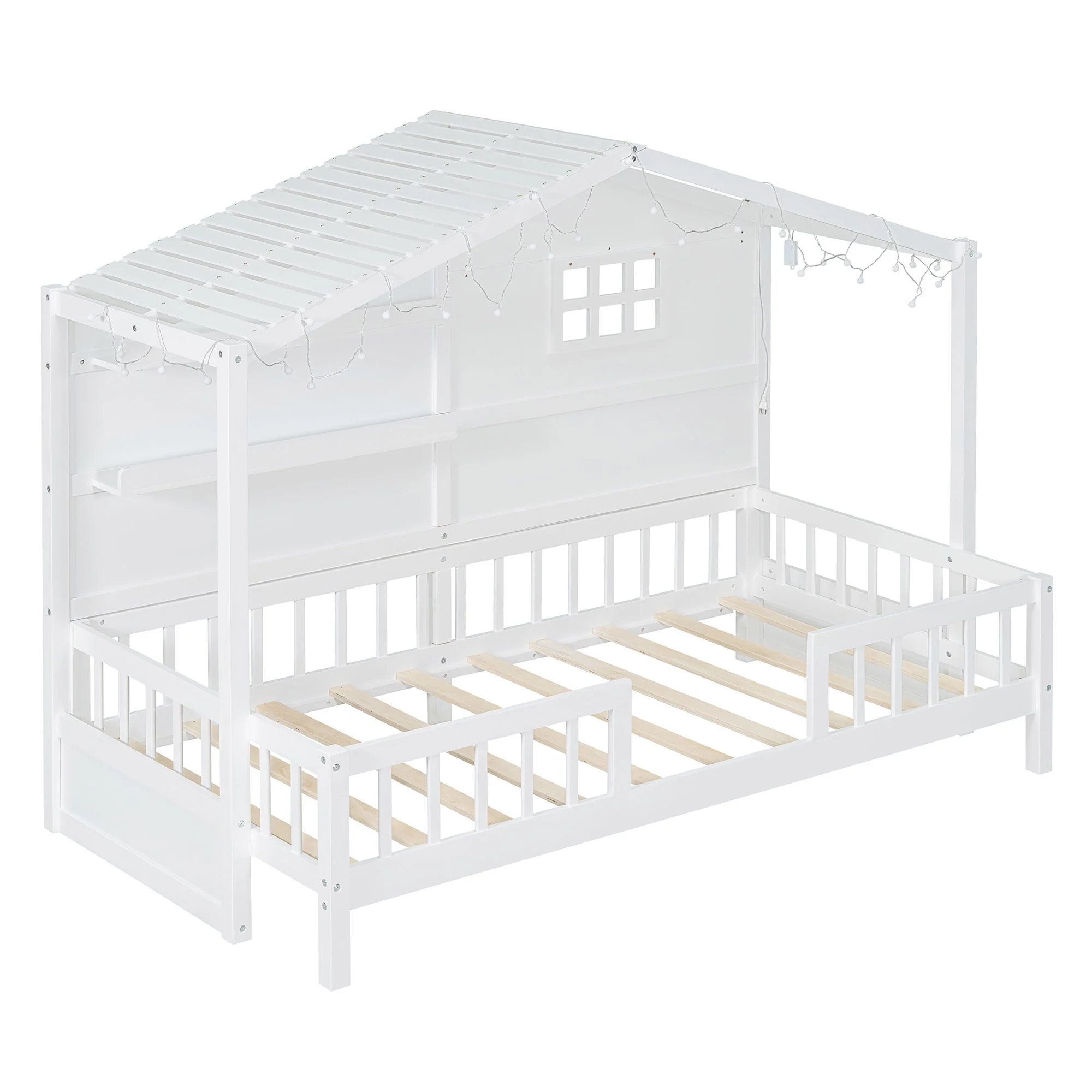 House Bed With Shelves, Window And Sparkling Light Strip On The Roof - Image 3