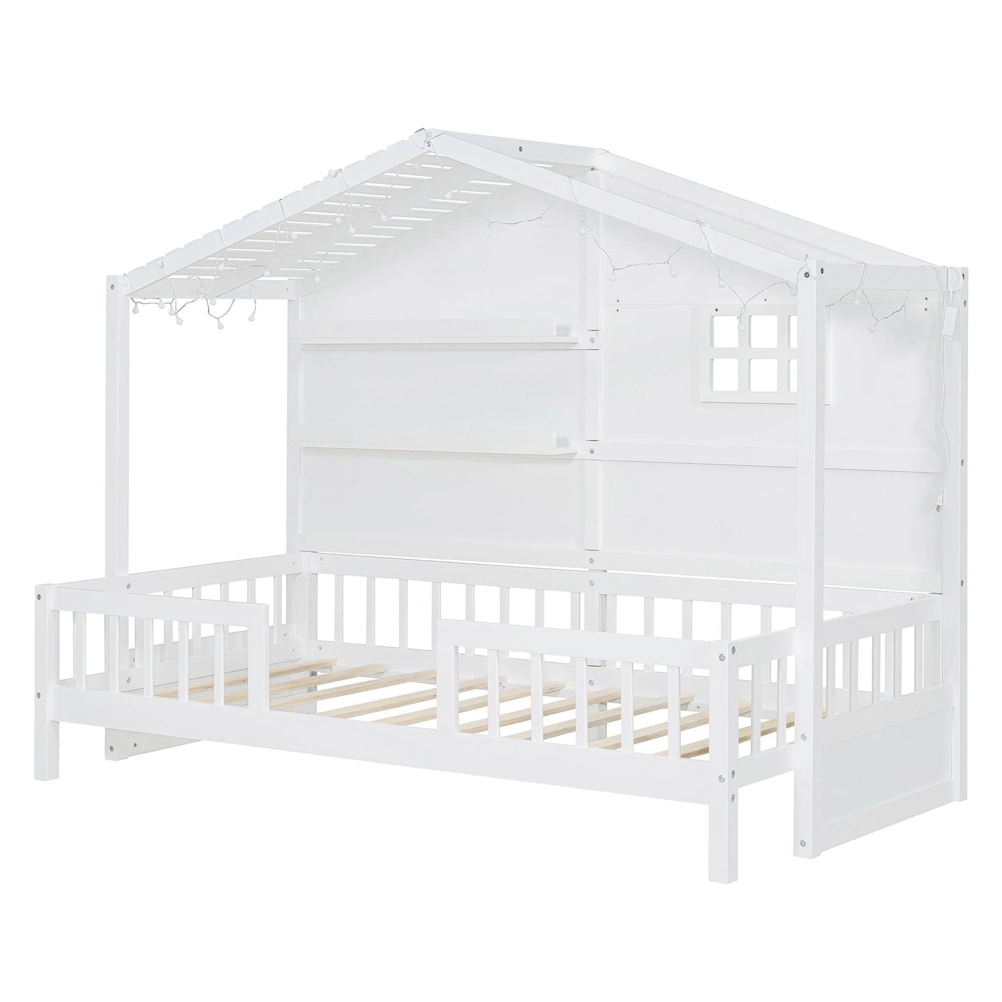 House Bed With Shelves, Window And Sparkling Light Strip On The Roof - Image 4