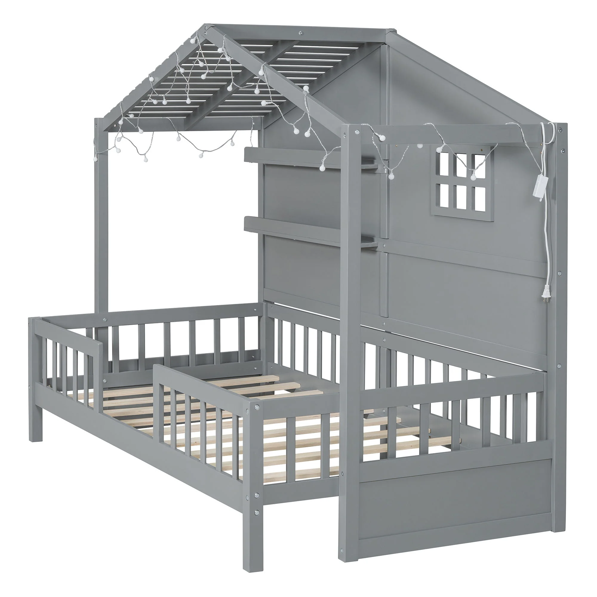 House Bed With Shelves, Window And Sparkling Light Strip On The Roof - Image 8