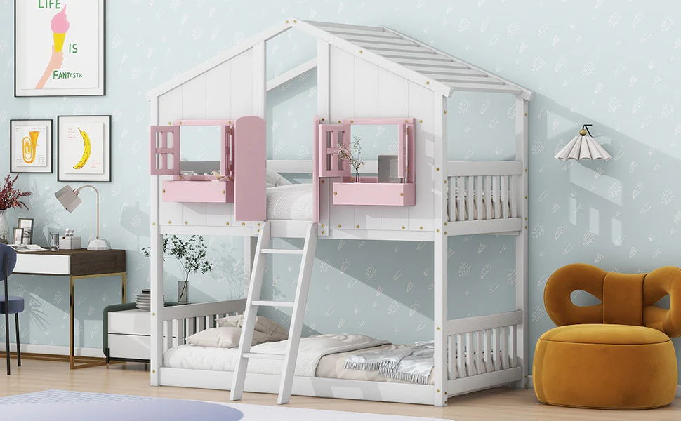 House Bunk Bed With Roof, Window, Window Box, Door, With Safety Guardrails And Ladder - Image 18