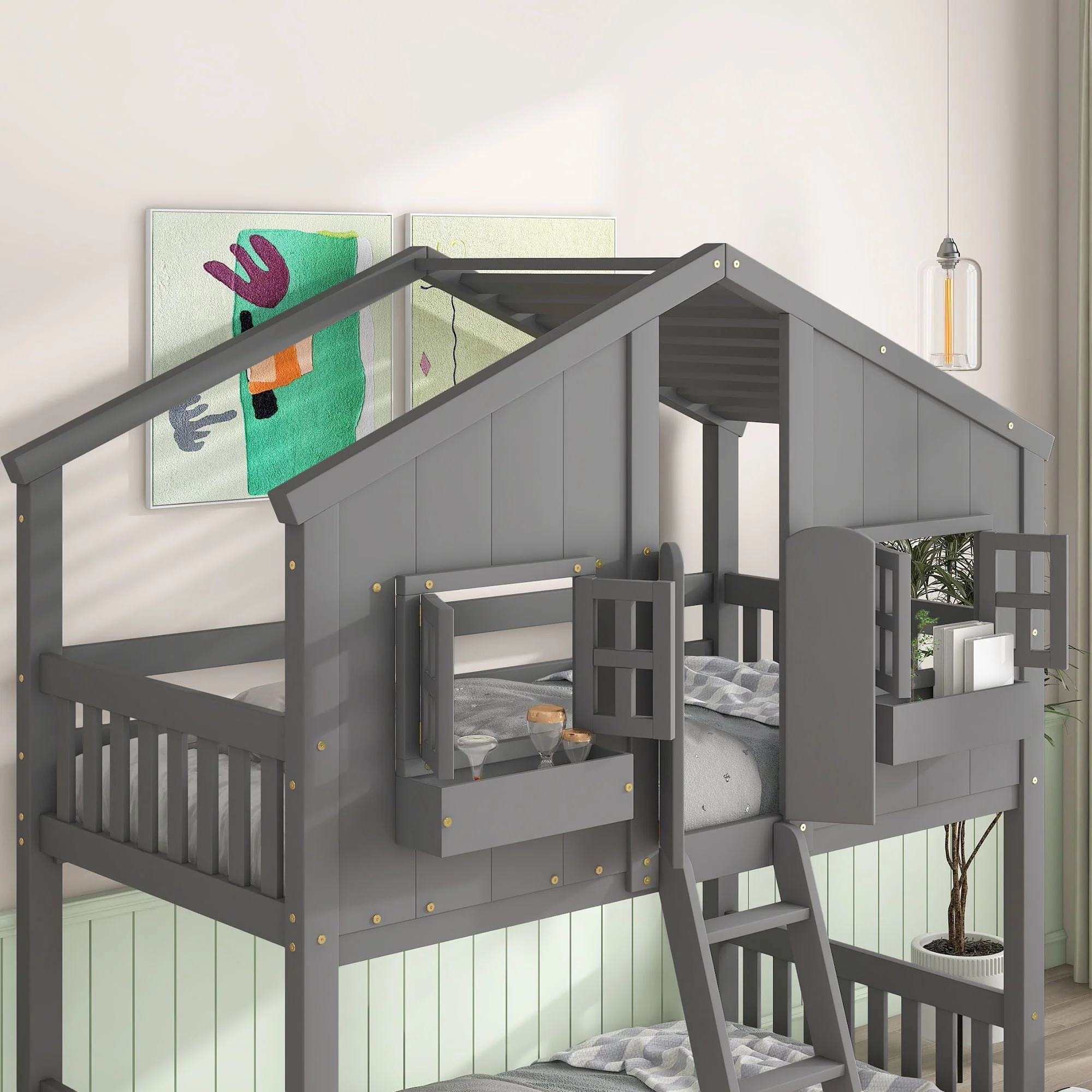 House Bunk Bed With Roof, Window, Window Box, Door, With Safety Guardrails And Ladder - Image 25