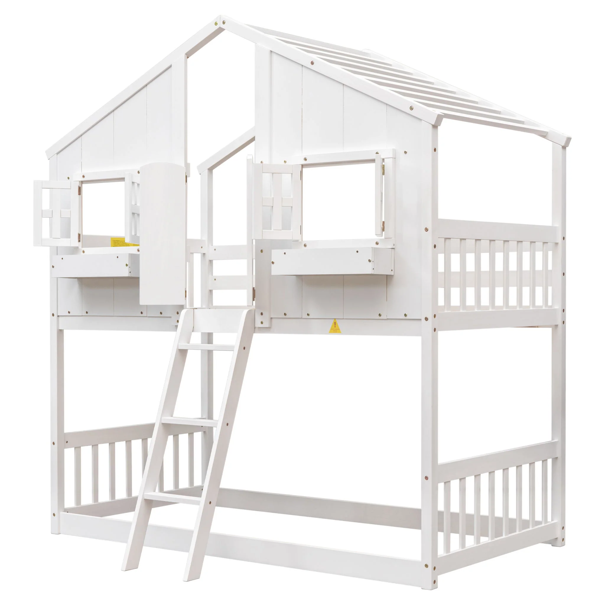 House Bunk Bed With Roof, Window, Window Box, Door, With Safety Guardrails And Ladder - Image 26