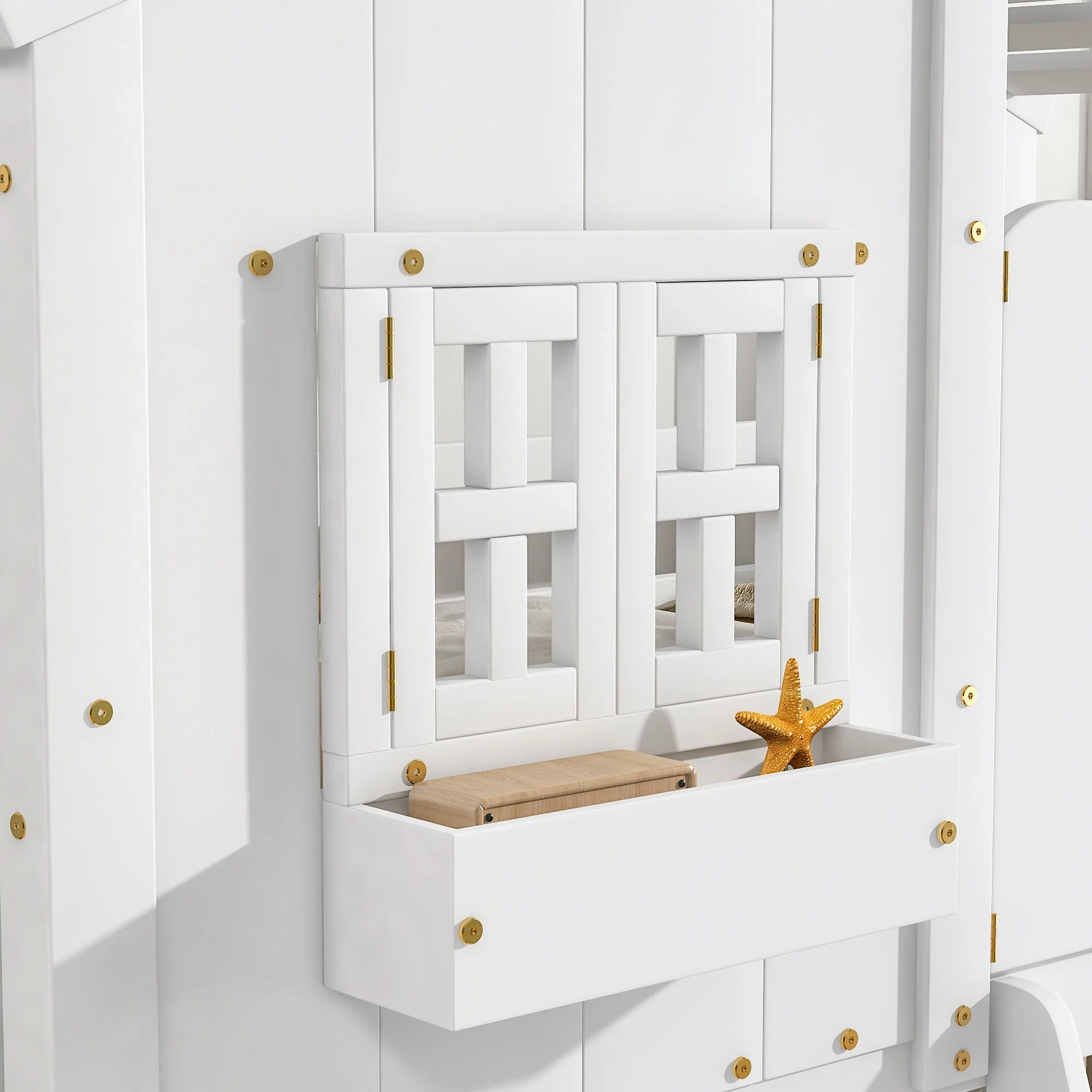 House Bunk Bed With Roof, Window, Window Box, Door, With Safety Guardrails And Ladder - Image 30