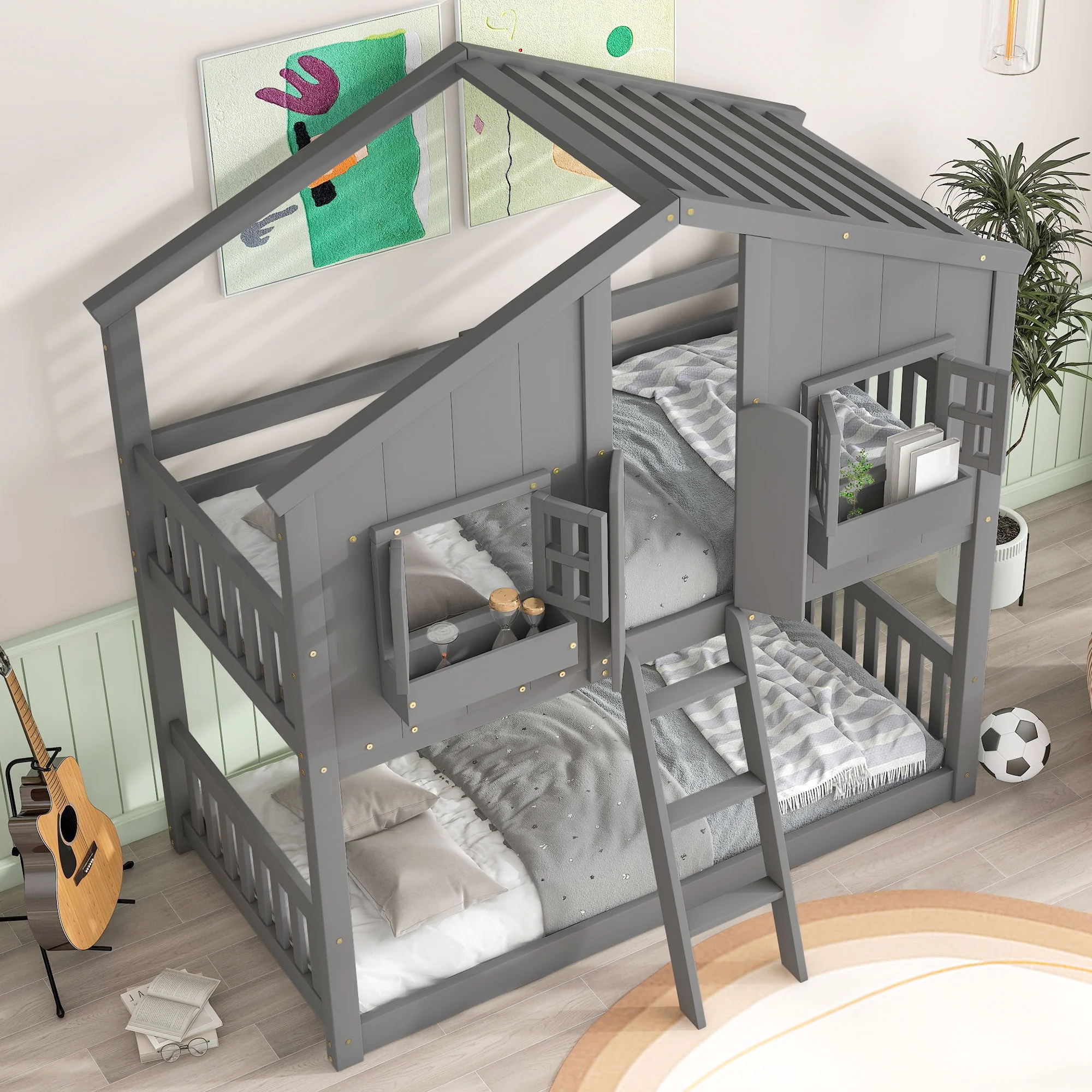 House Bunk Bed With Roof, Window, Window Box, Door, With Safety Guardrails And Ladder - Image 33