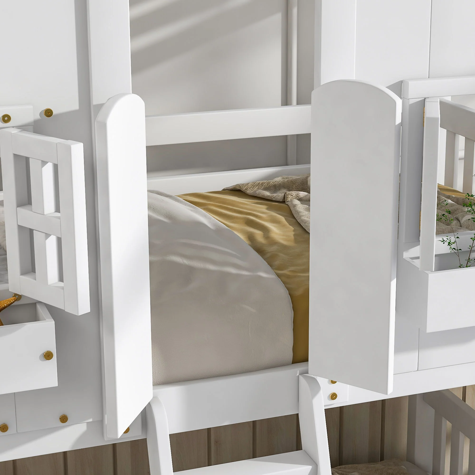 House Bunk Bed With Roof, Window, Window Box, Door, With Safety Guardrails And Ladder - Image 34
