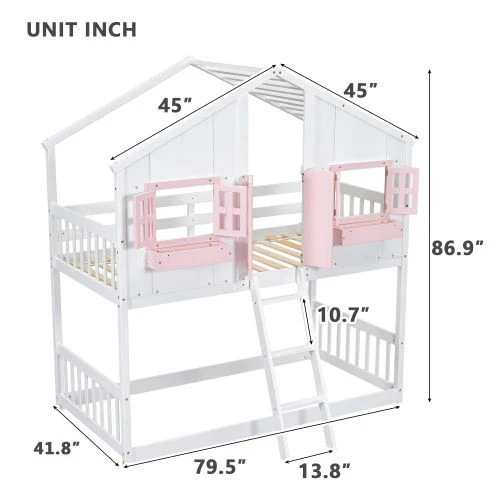 House Bunk Bed With Roof, Window, Window Box, Door, With Safety Guardrails And Ladder - Image 35