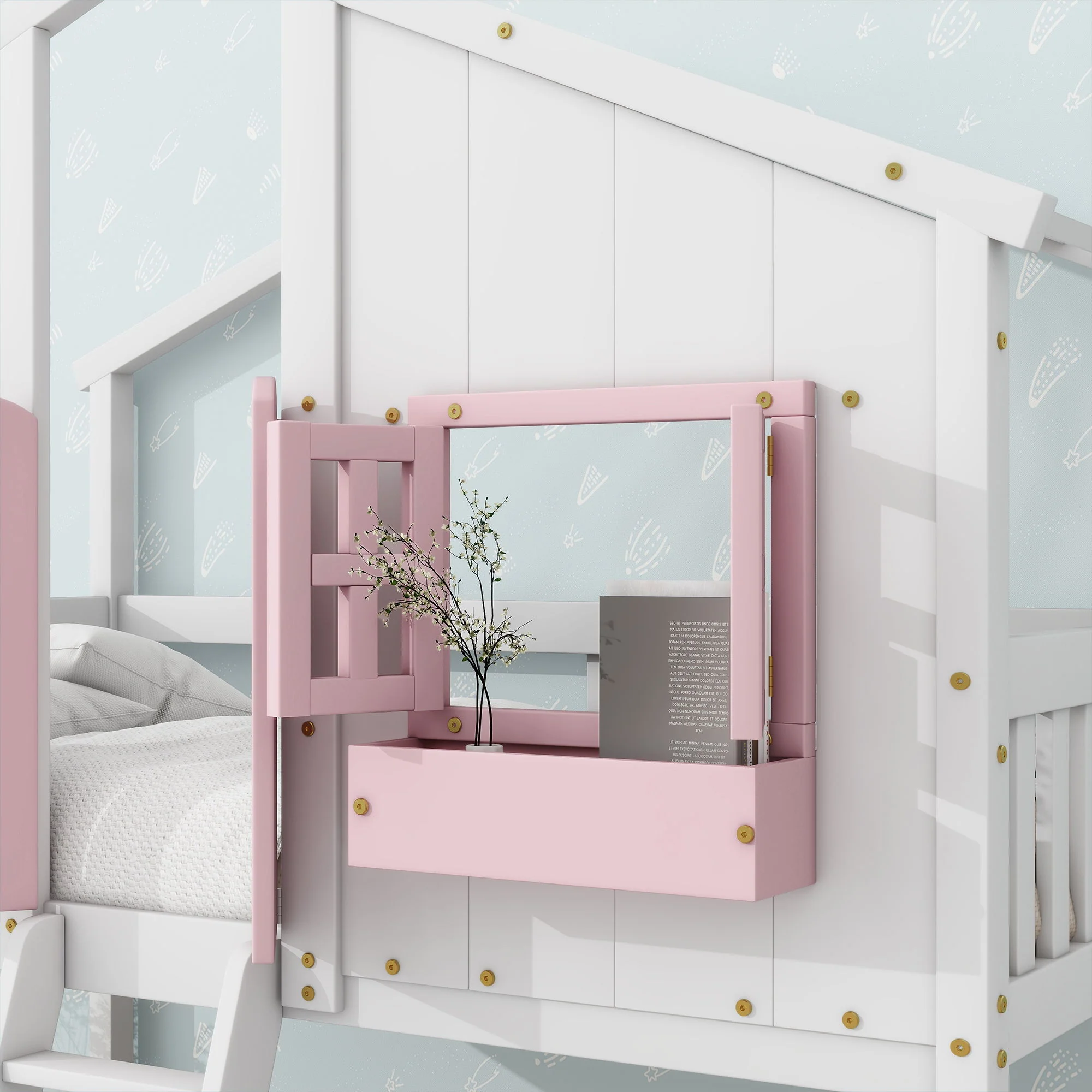 House Bunk Bed With Roof, Window, Window Box, Door, With Safety Guardrails And Ladder - Image 36