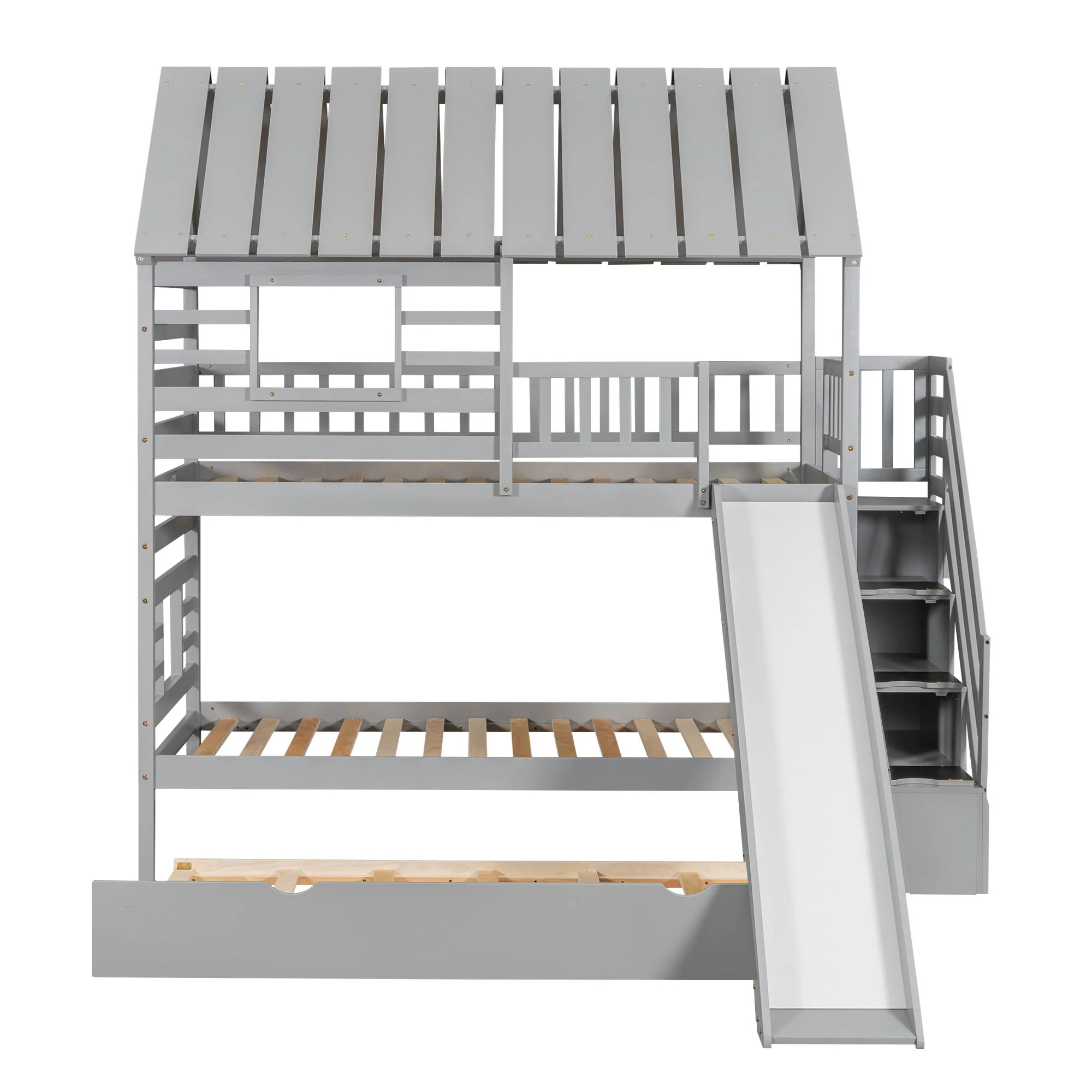 House Bunk Bed With Trundle, Storage Staircase, Roof And Window Design - Image 14
