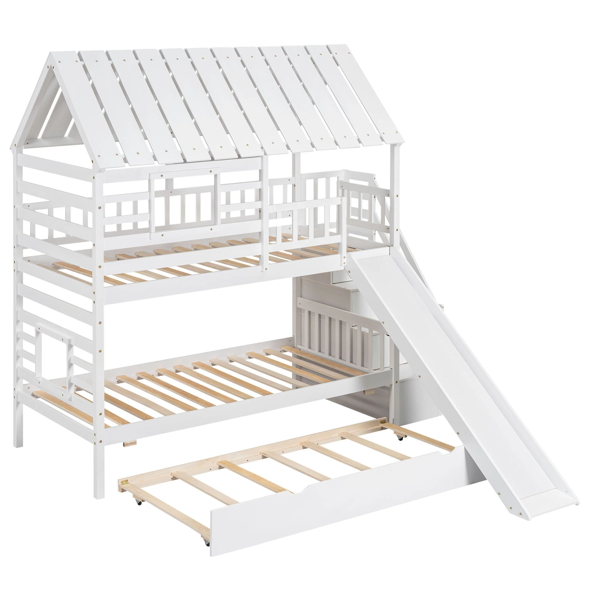 House Bunk Bed With Trundle, Storage Staircase, Roof And Window Design - Image 2