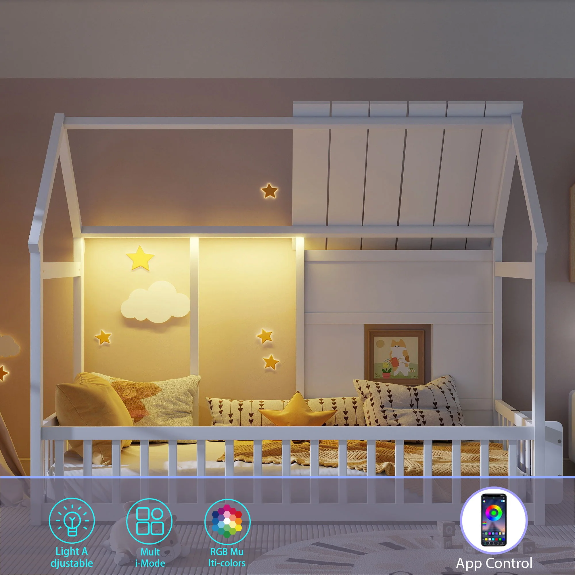 House Floor Bed With 7 Color LED Light, Built In Bookshelf - Image 16