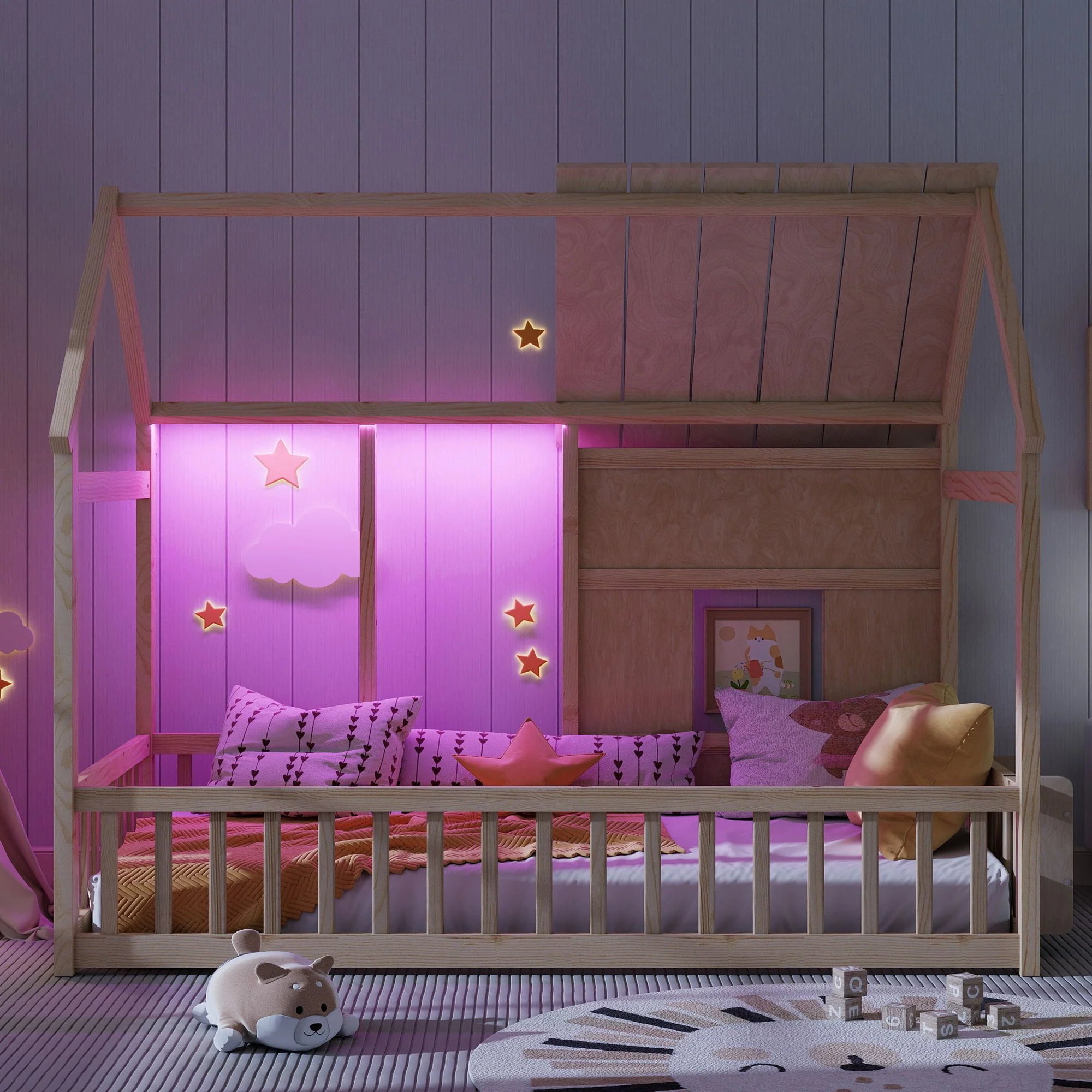 House Floor Bed With 7 Color LED Light, Built In Bookshelf - Image 6