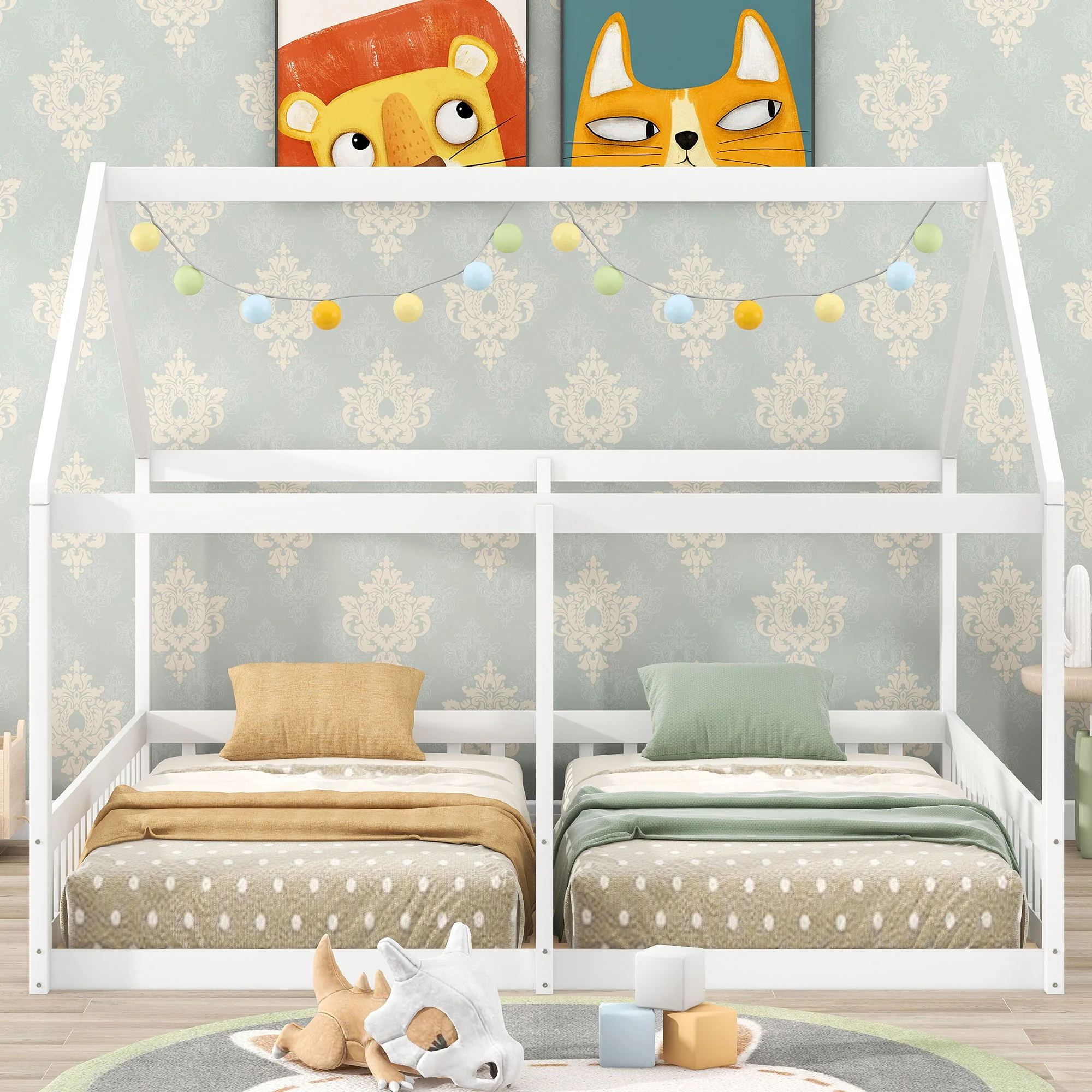 House Platform Beds, 2 Shared Beds, Metal Frame With Guardrails - Image 21