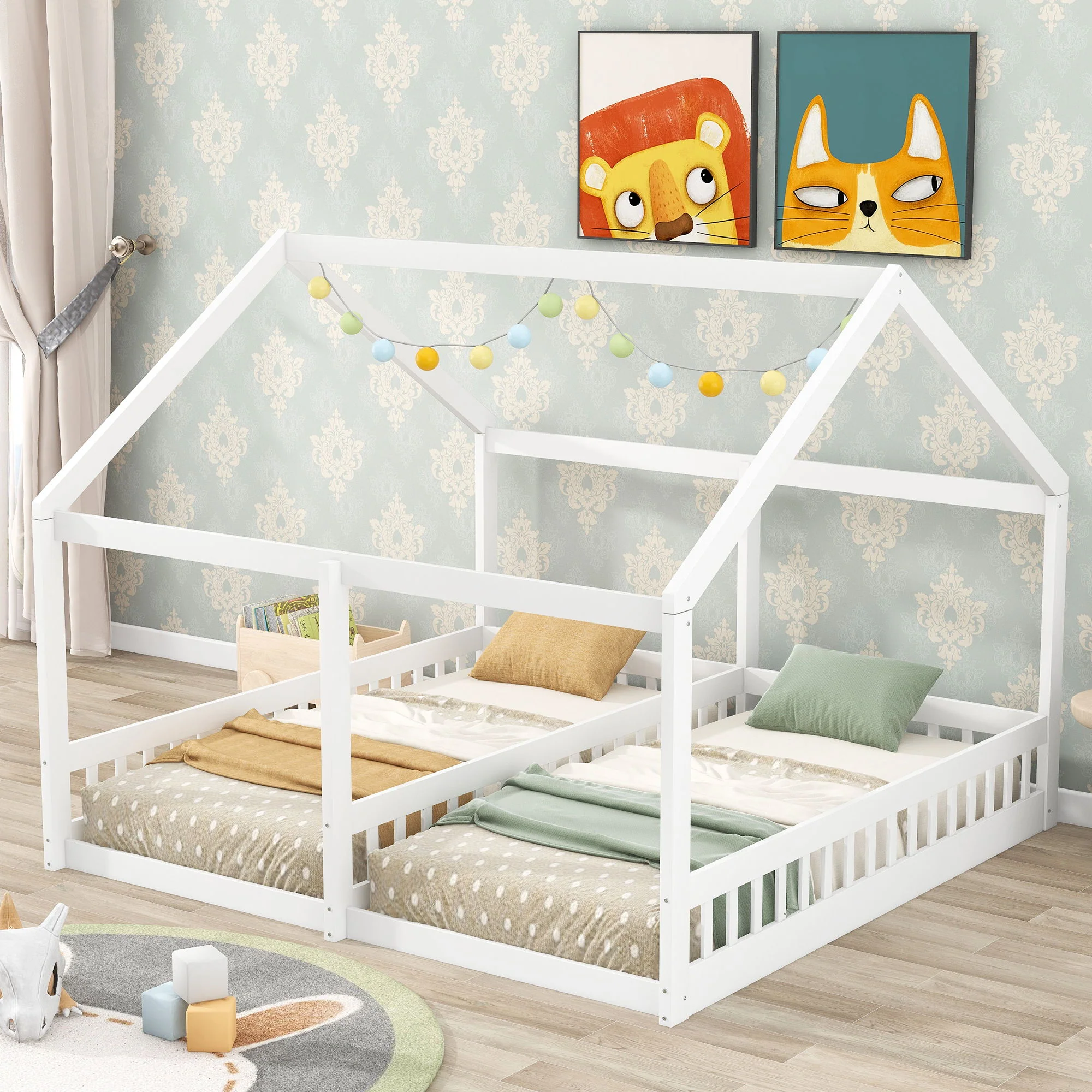 House Platform Beds, 2 Shared Beds, Metal Frame With Guardrails - Image 7