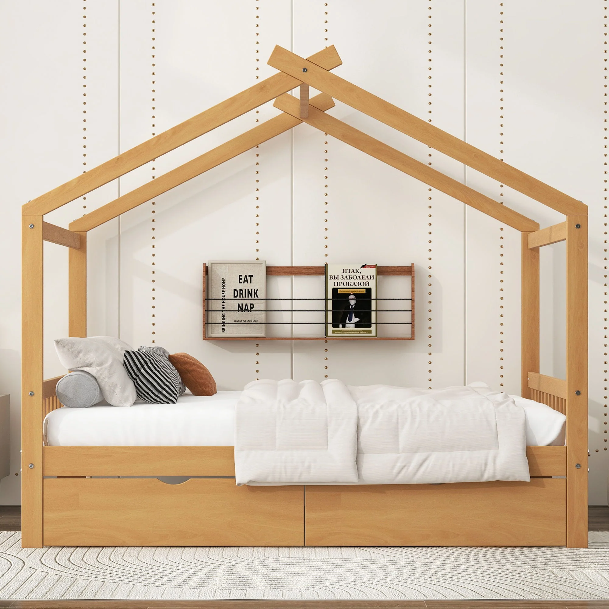 House Style Platform Bed With Headboard, Footboard, 2 Drawers, And Roof Design - Image 18