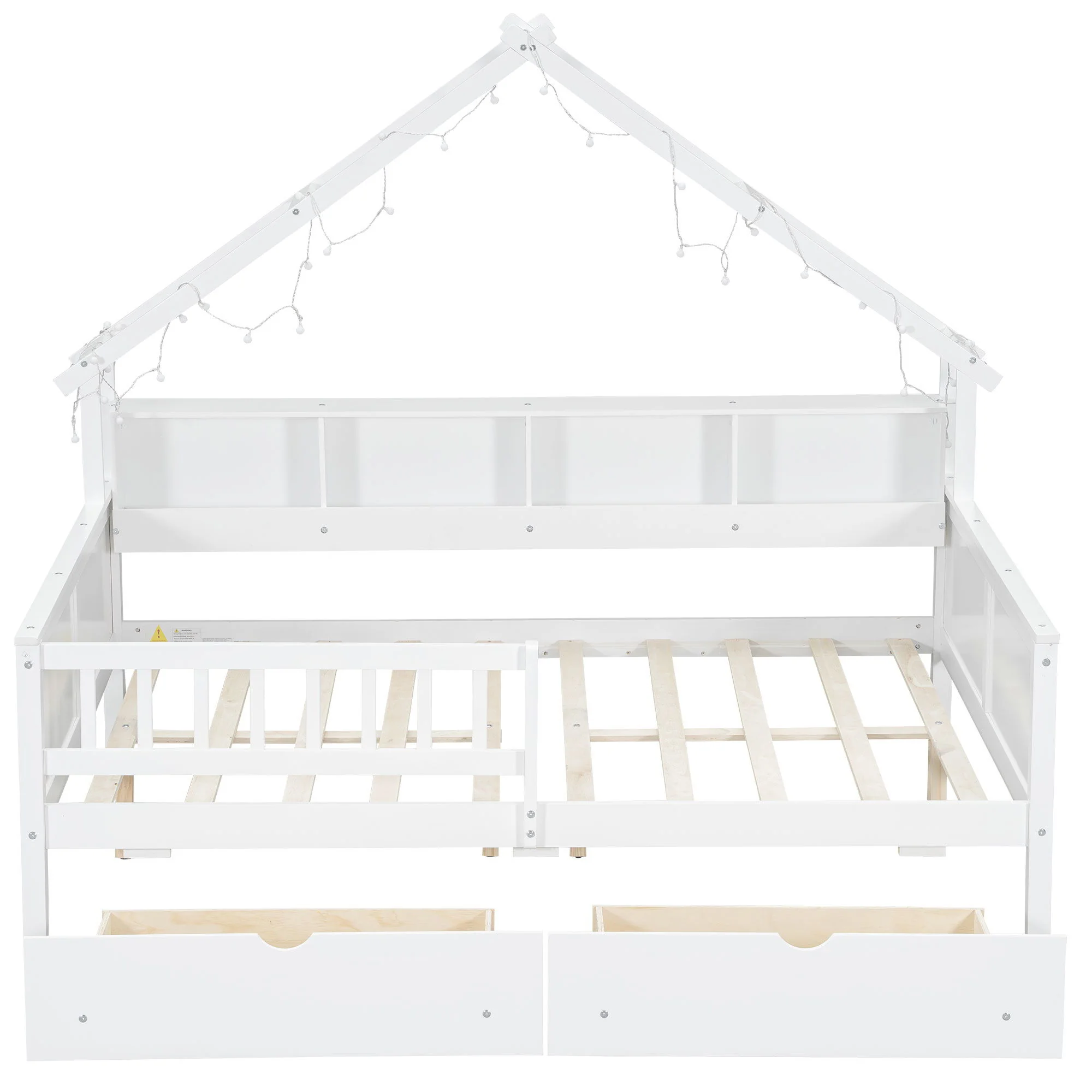 House Style Platform Bed With LED Lights, Storage Shelves, Drawers, And Guardrail - Image 11