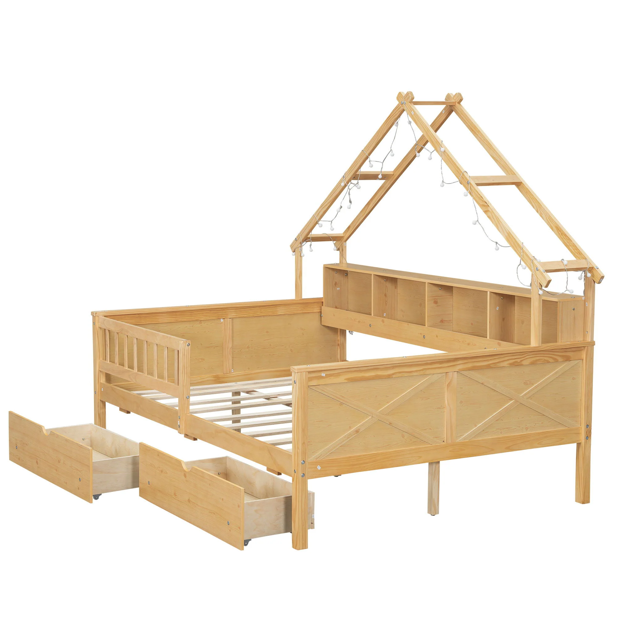 House Style Platform Bed With LED Lights, Storage Shelves, Drawers, And Guardrail - Image 14