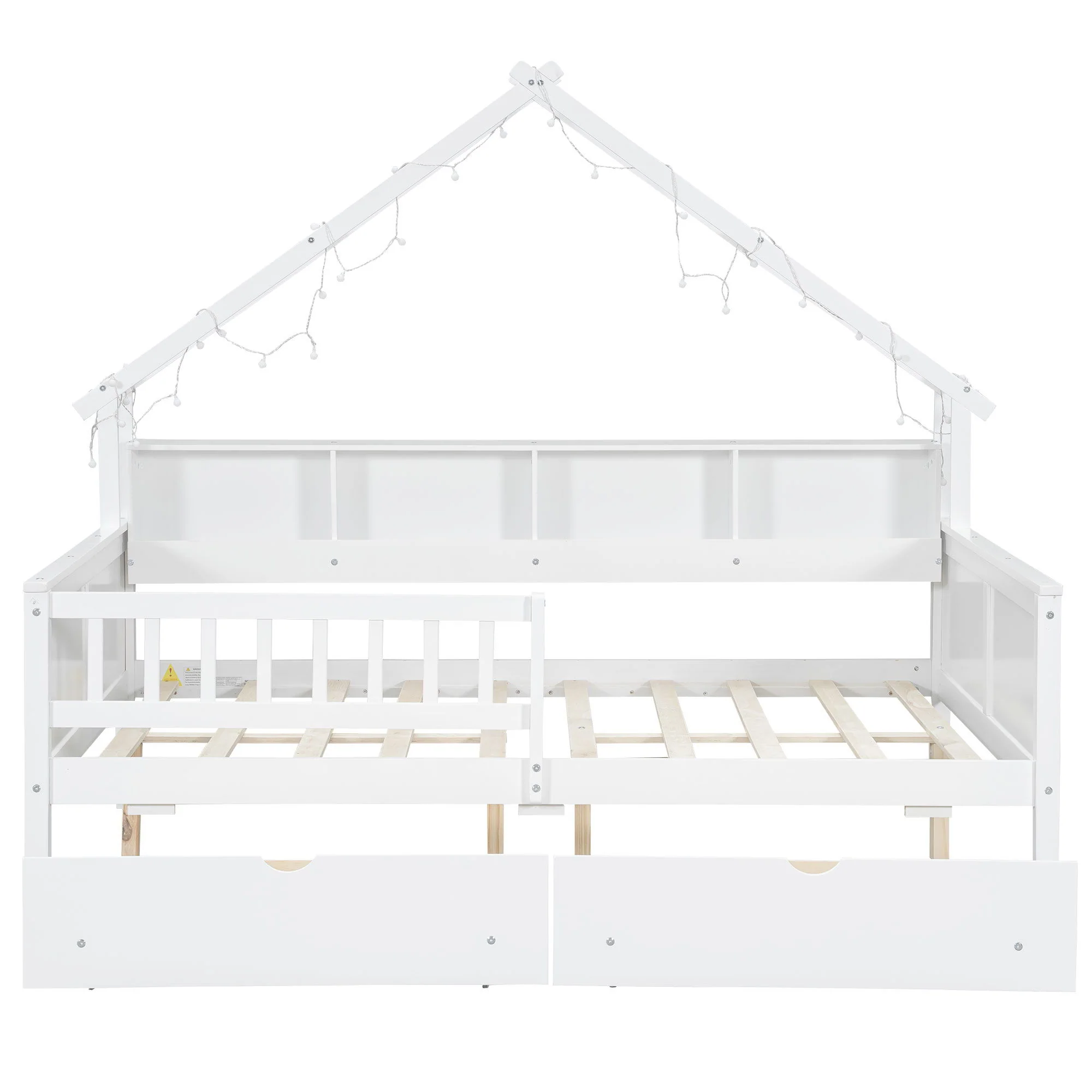 House Style Platform Bed With LED Lights, Storage Shelves, Drawers, And Guardrail - Image 16