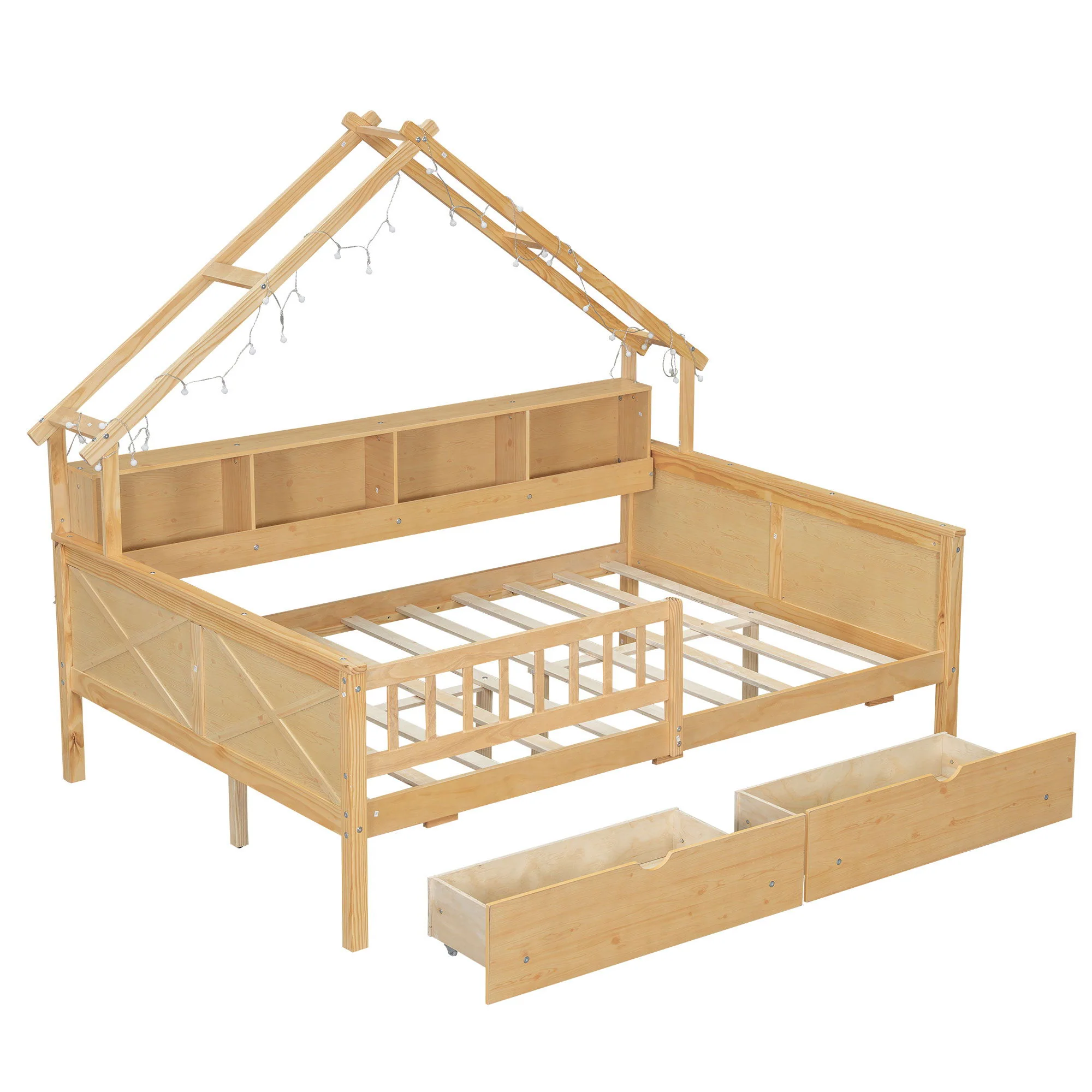 House Style Platform Bed With LED Lights, Storage Shelves, Drawers, And Guardrail - Image 18