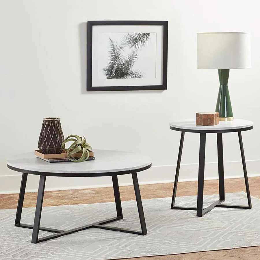 Hugo White Faux Marble Round Coffee Table with Matte Black Base - Image 4