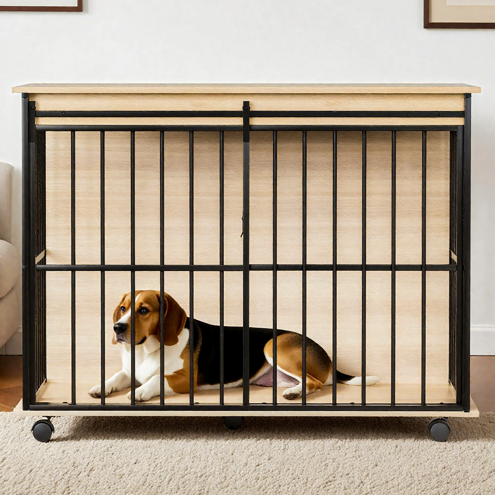 Huxley 43-Inch Furniture-Style Dog Crate with Sliding Door and Natural Wood Top - Image 2