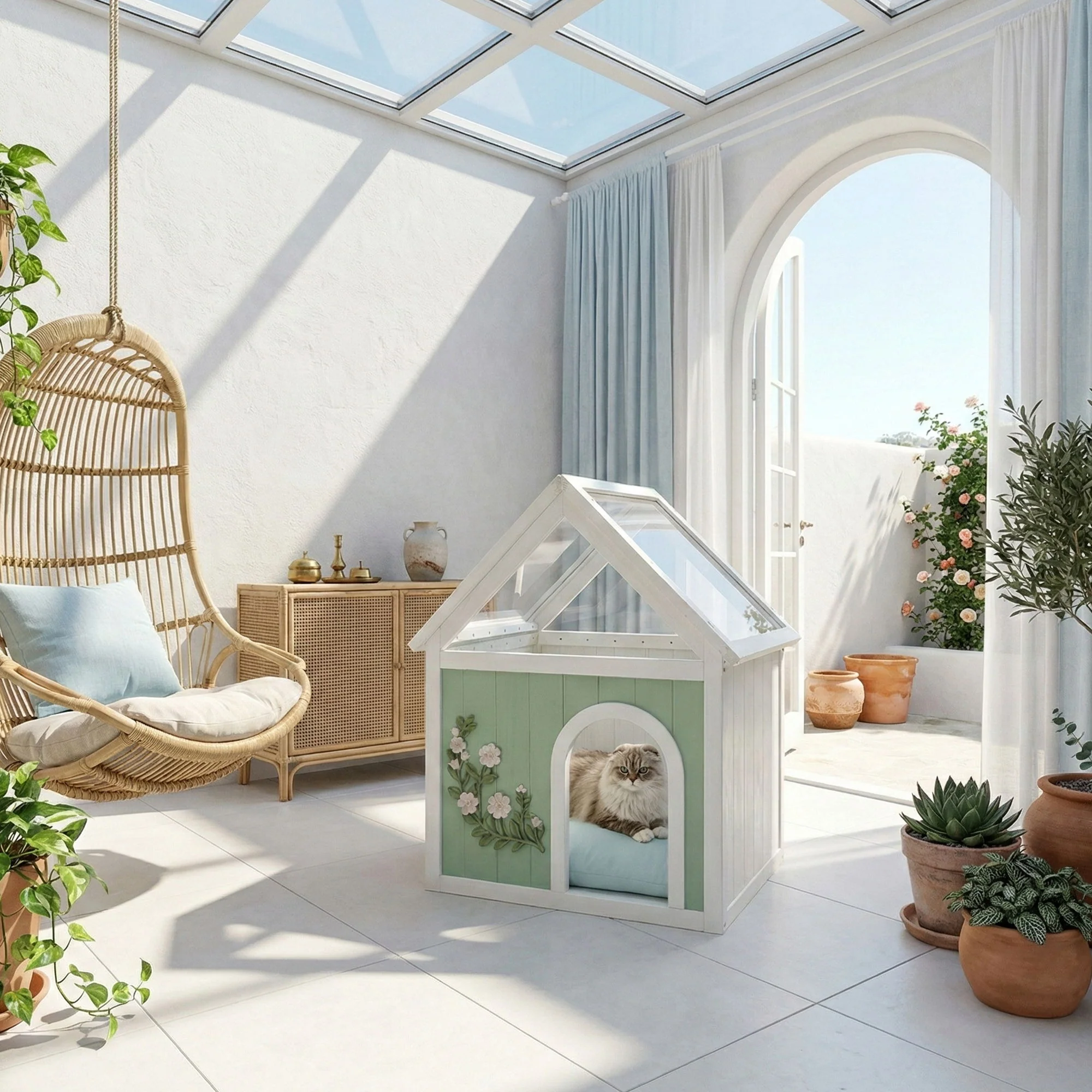 Indoor Cat House With Clear Roof Pet House For Small Cats & Dogs - Mint / White - Image 6