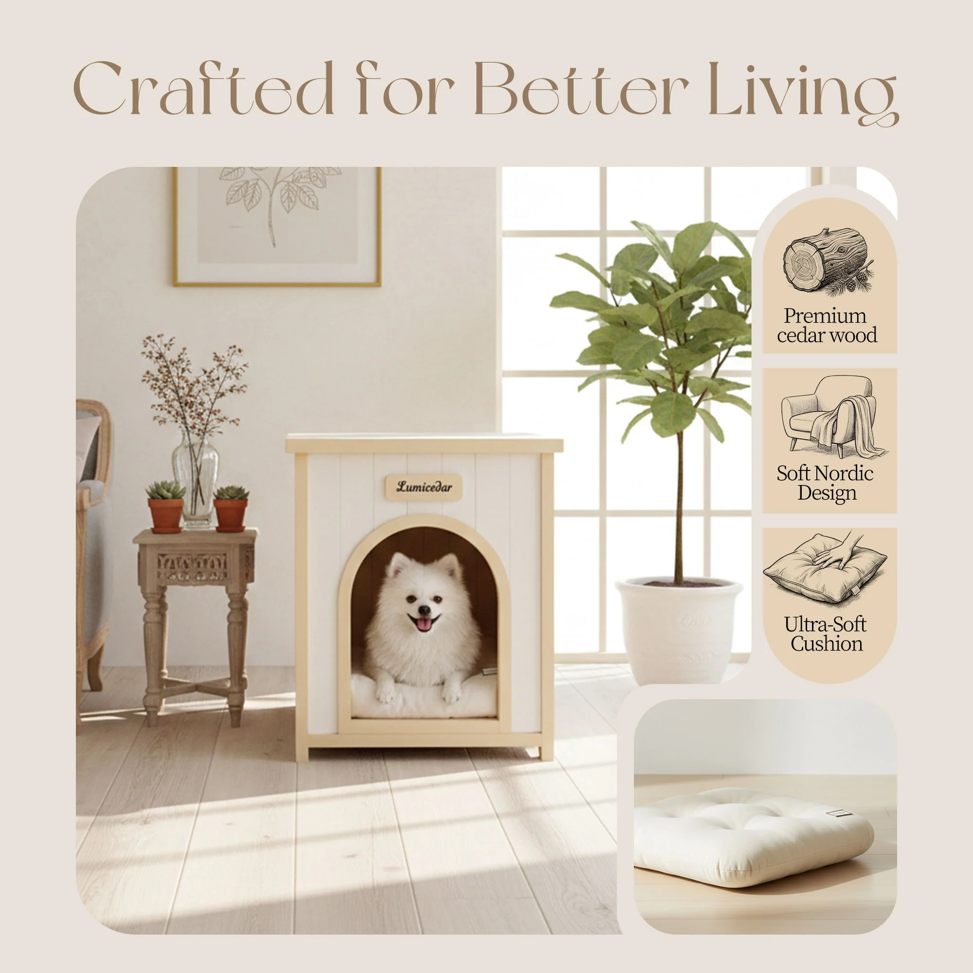 Indoor Dog House With Removable Cushion, Pet House For Cats & Small Dogs - Cream White / Light Yellow - Image 7