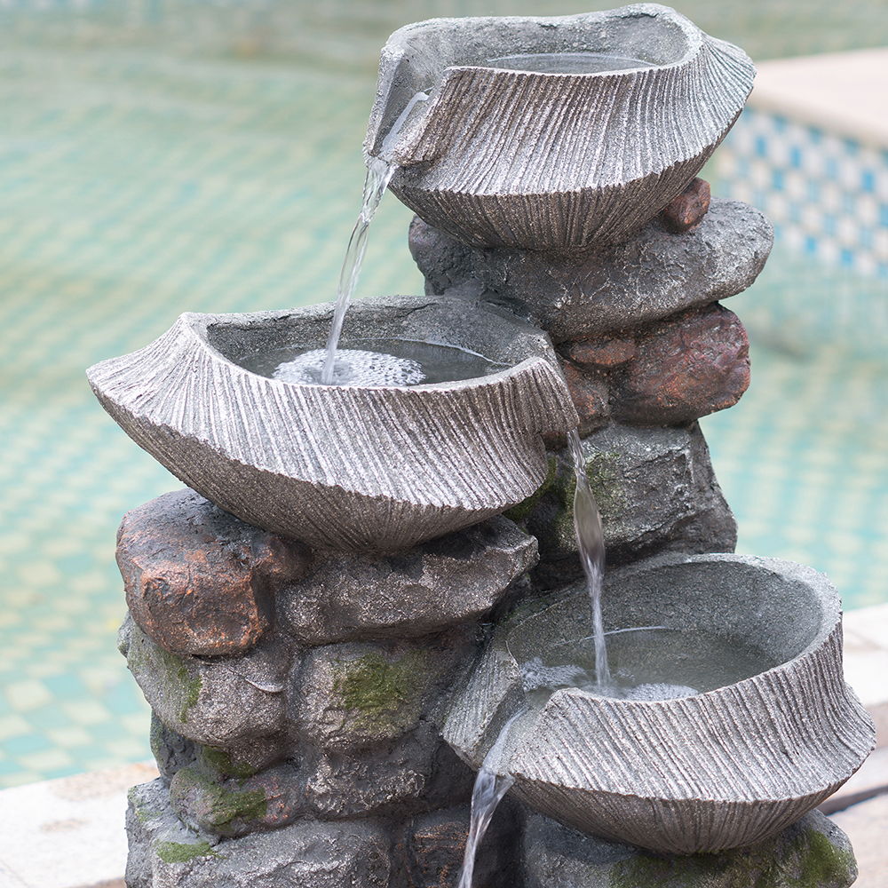 Indoor Outdoor Stone Water Fountain, 4 Tier Polyresin Cascading Rock Bowl Freestanding Fountain With LED Ligh - Gray - Image 7