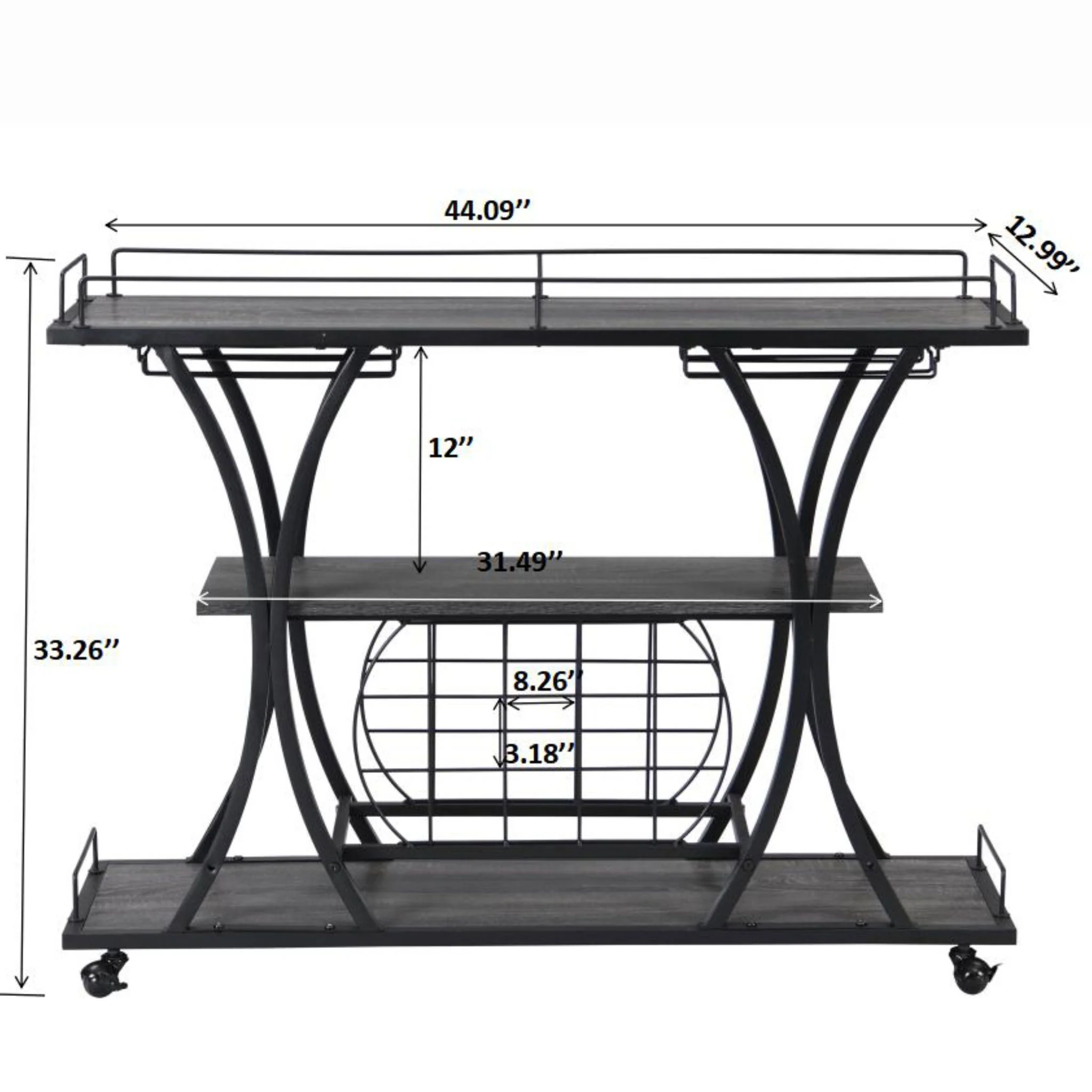 Industrial Bar Cart Kitchen Bar & Serving Cart For Home With Wheels 3 Tier Storage Shelves - Black / Gray - Image 7