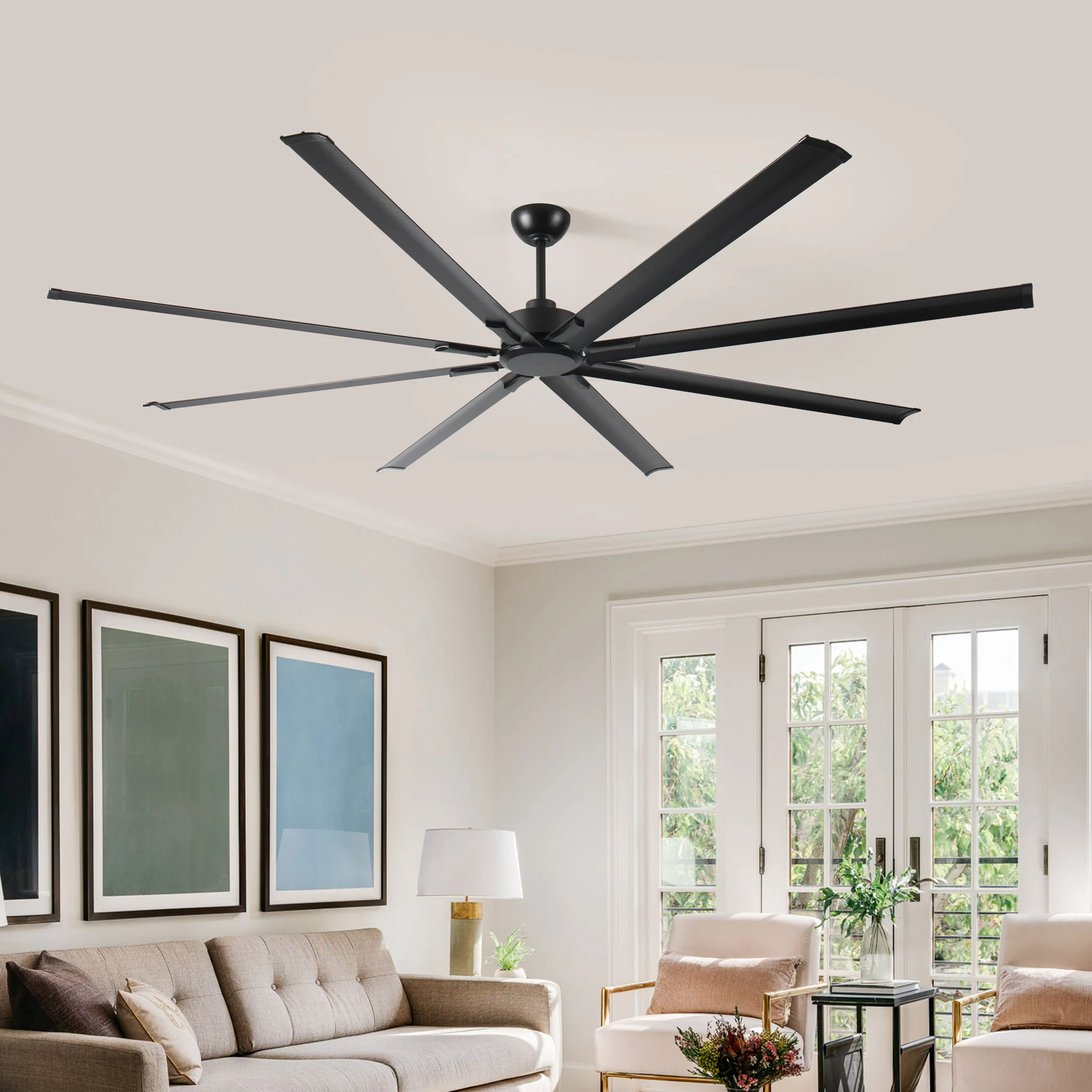 Industrial DC Motor Ceiling Fan, Large Ceiling Fan With 8 Reversible Blades, 5 Speed Remote Control, Home Or Commercial Ceiling Fans For Porch / Garage / Shop - Black - Image 2