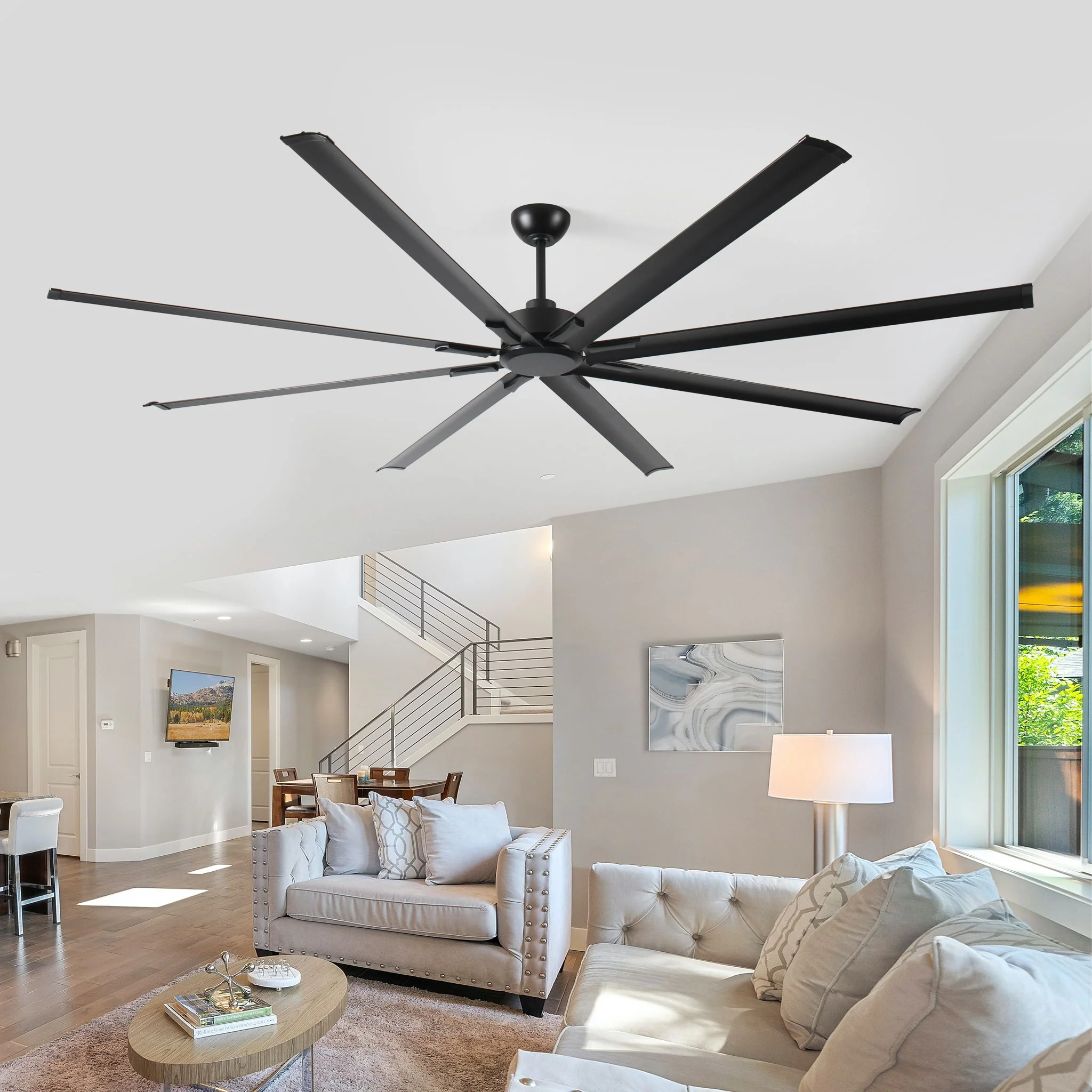 Industrial DC Motor Ceiling Fan, Large Ceiling Fan With 8 Reversible Blades, 5 Speed Remote Control, Home Or Commercial Ceiling Fans For Porch / Garage / Shop - Black - Image 4