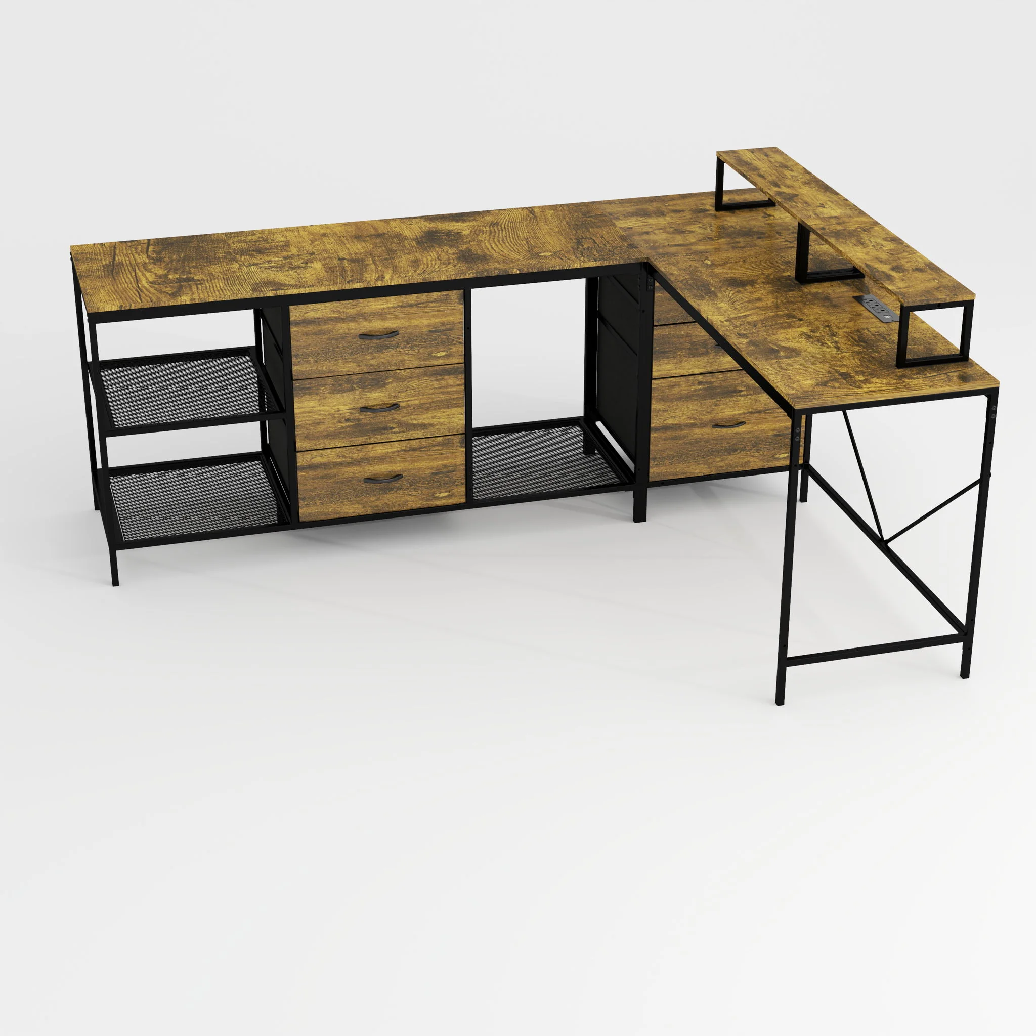 Industrial L Shaped Computer Desk With Power Outlets & USB-C, 6 Fabric Drawers, 3 Open Shelves, Movable Monitor Stands - Brown - Image 4