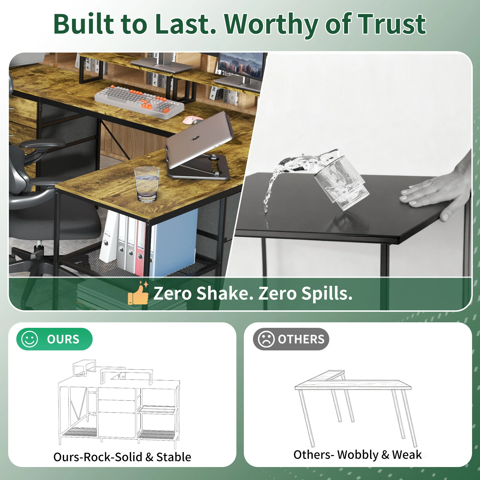 Industrial L Shaped Computer Desk With Power Outlets & USB-C, 6 Fabric Drawers, 3 Open Shelves, Movable Monitor Stands - Brown - Image 5