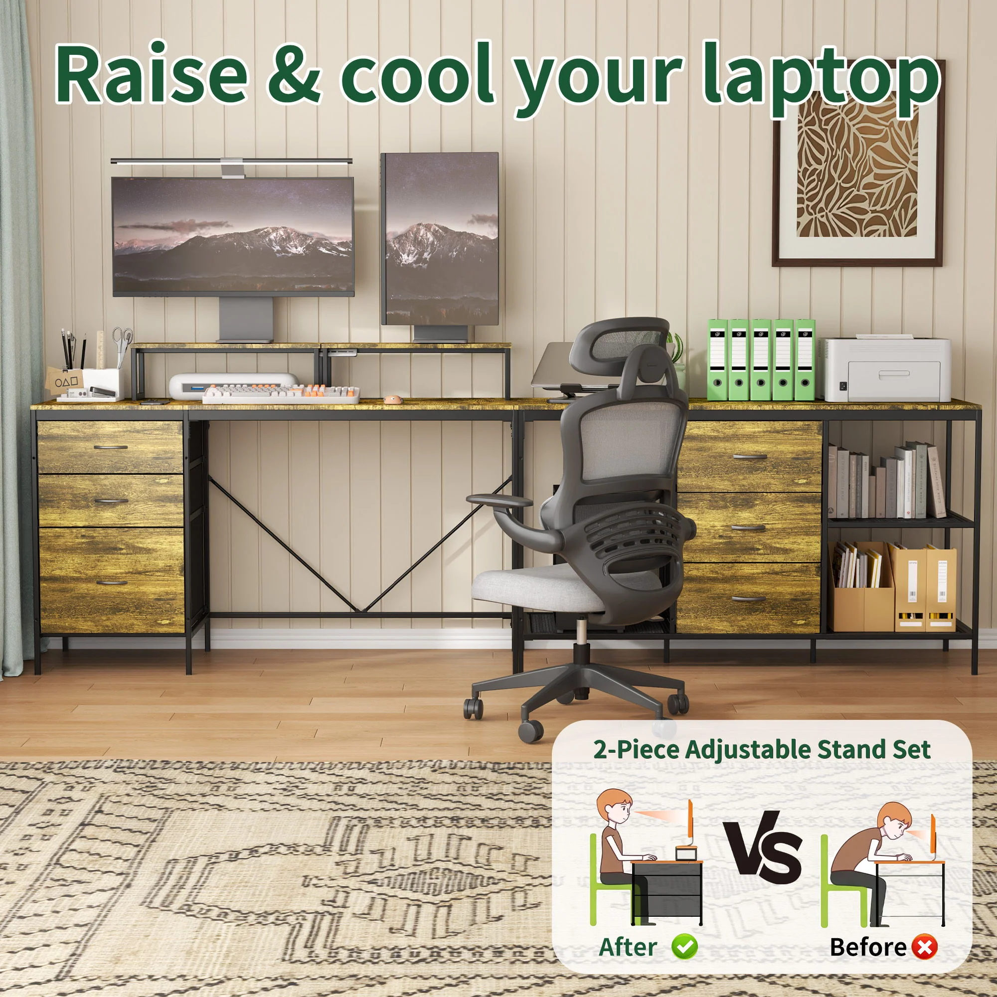 Industrial L Shaped Computer Desk With Power Outlets & USB-C, 6 Fabric Drawers, 3 Open Shelves, Movable Monitor Stands - Brown - Image 9