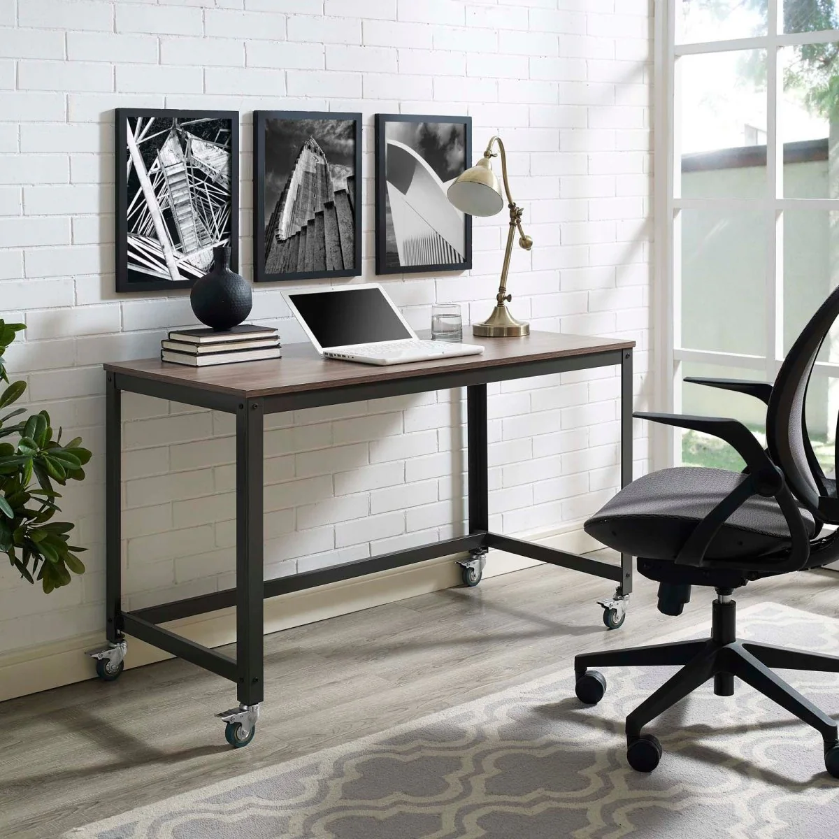 47" Gray Walnut Industrial Office Desk with Casters - Image 4