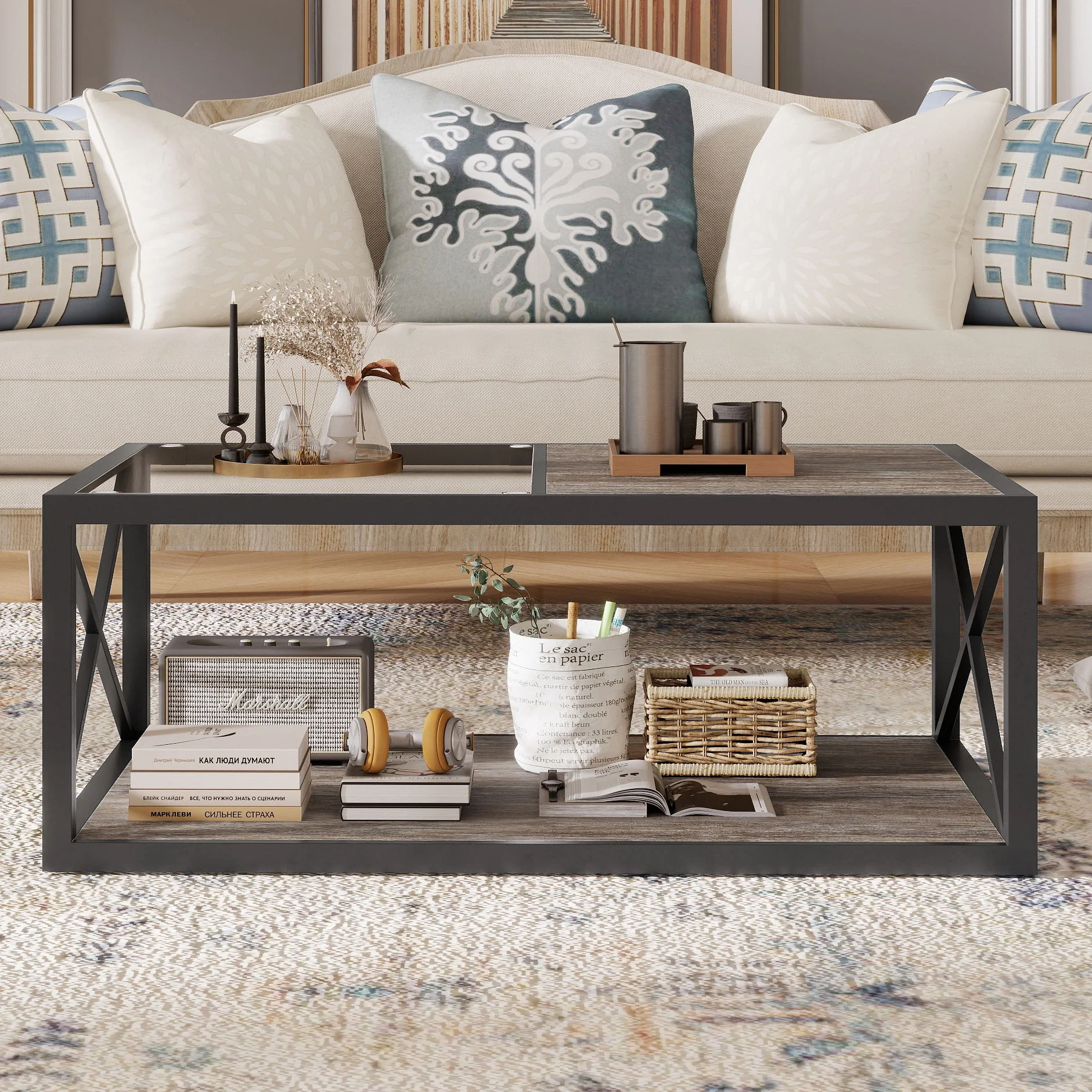 Industrial Style Coffee Table For Bedroom & Living Room With Tempered Glass & Wood Grain - Wood - Image 4