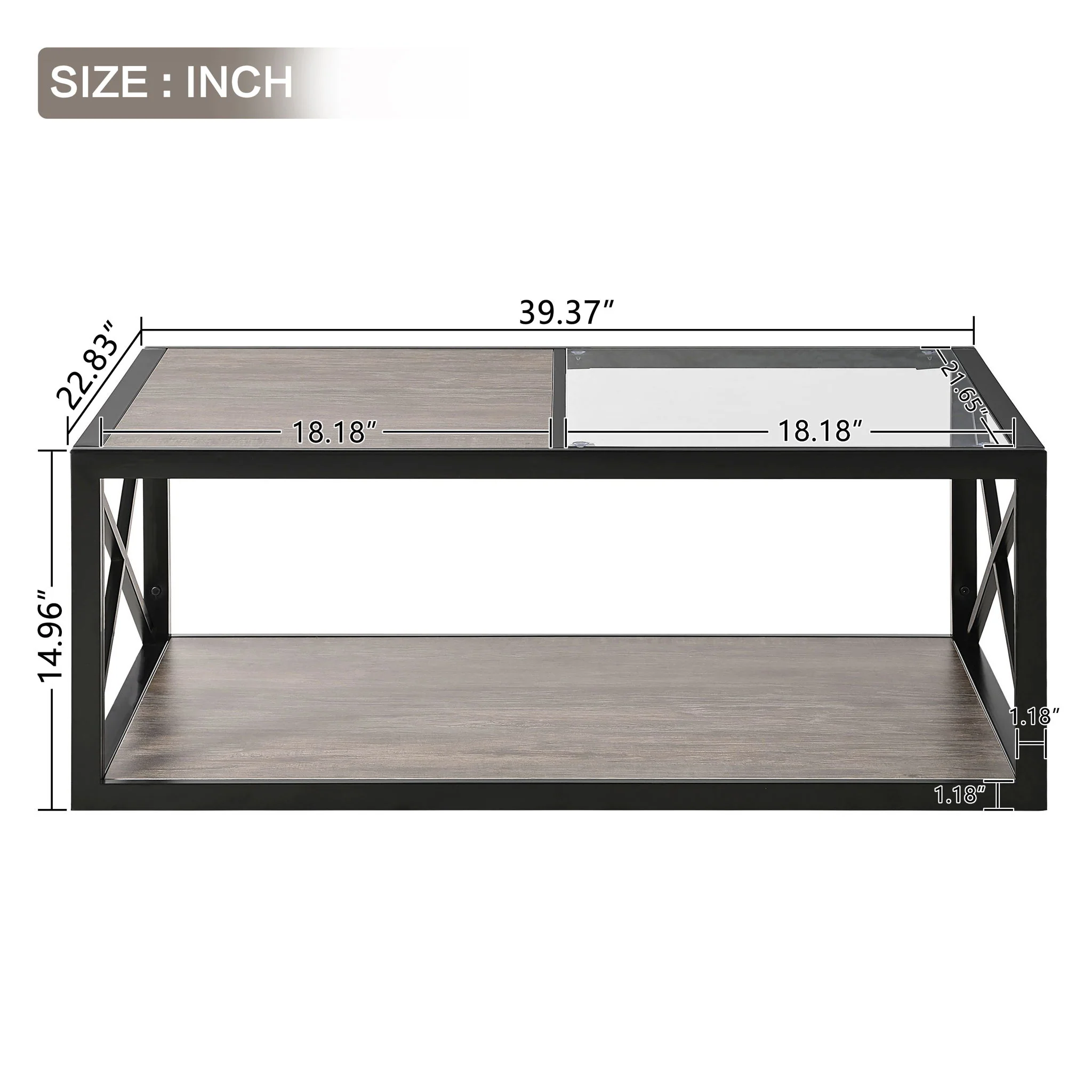 Industrial Style Coffee Table For Bedroom & Living Room With Tempered Glass & Wood Grain - Wood - Image 7